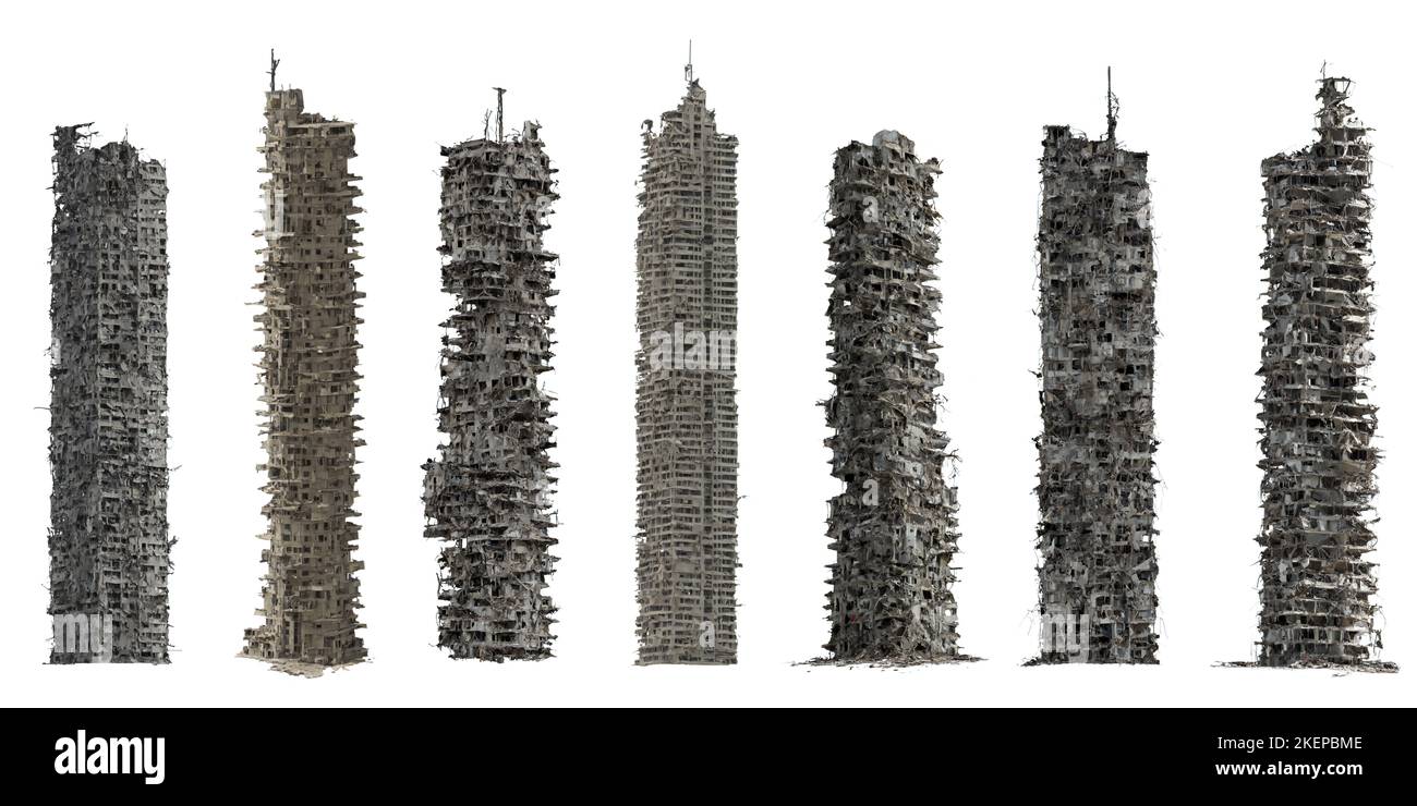 set di grattacieli in rovina, alti edifici post-apocalittici isolati su sfondo bianco Foto Stock