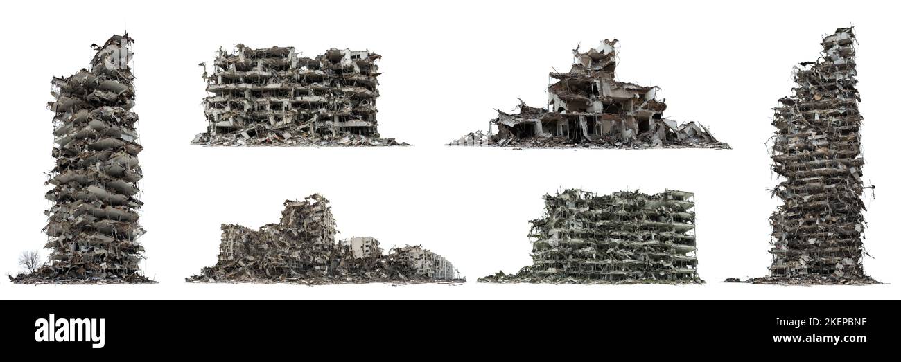 set di grattacieli in rovina, edifici post-apocalittici, isolati su sfondo bianco Foto Stock