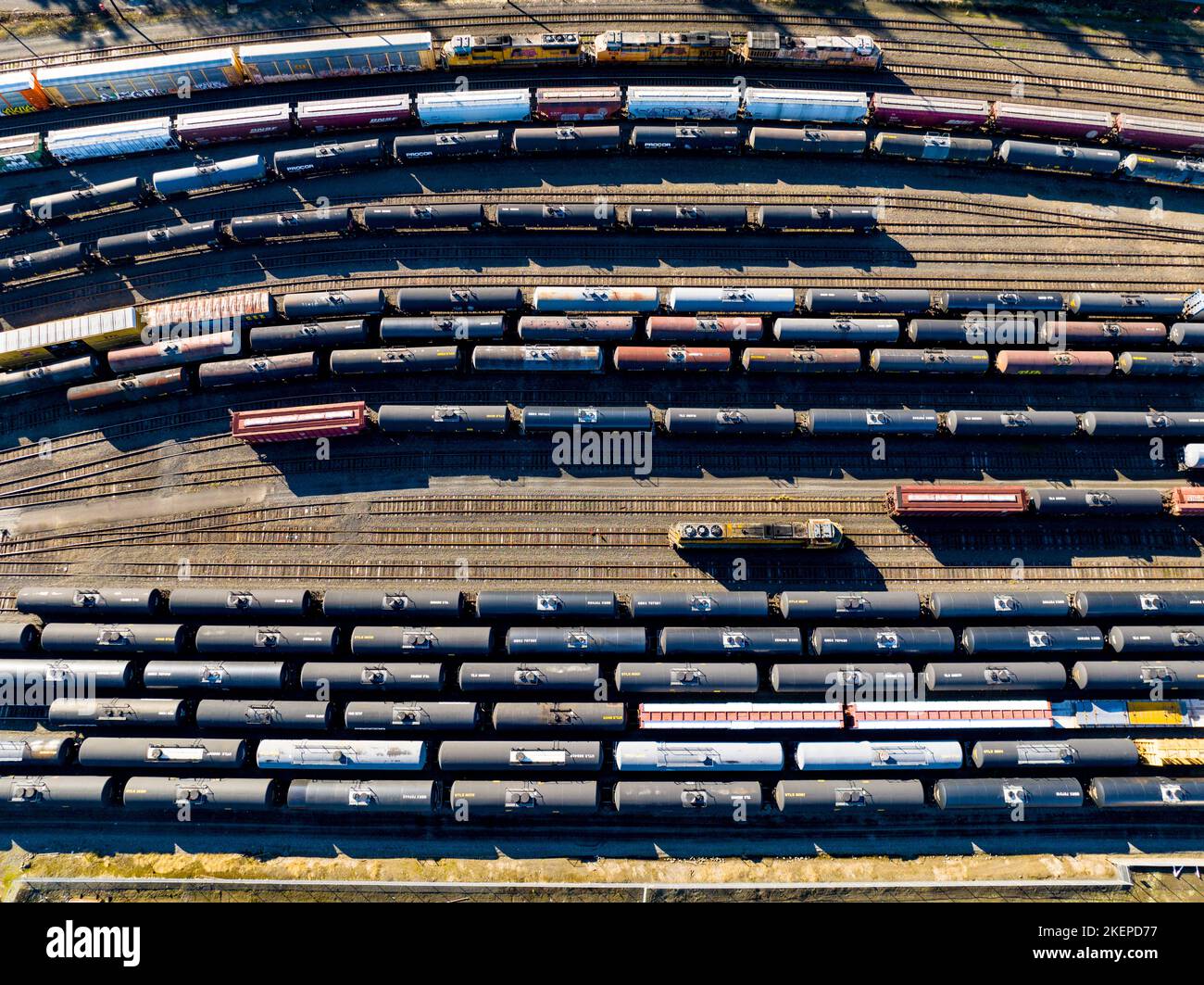 Affollato railyard nella zona industriale di Portland, Oregon. Foto Stock
