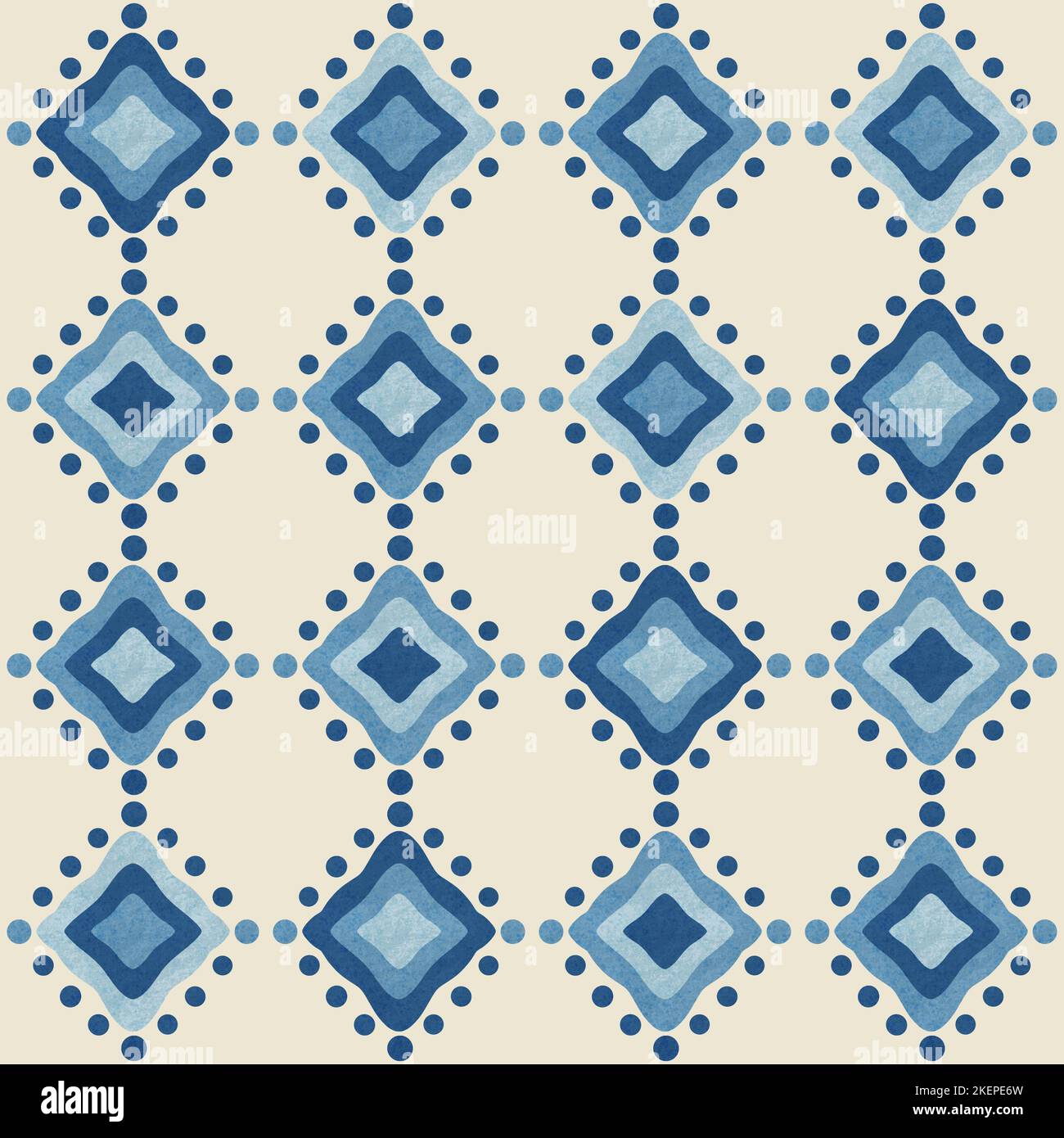 Motivo geometrico monocromatico etnico senza giunture. Rombo blu e sfondo a puntini. Design per bathic, tessuto, tenda, sfondo, tappeto. Foto Stock
