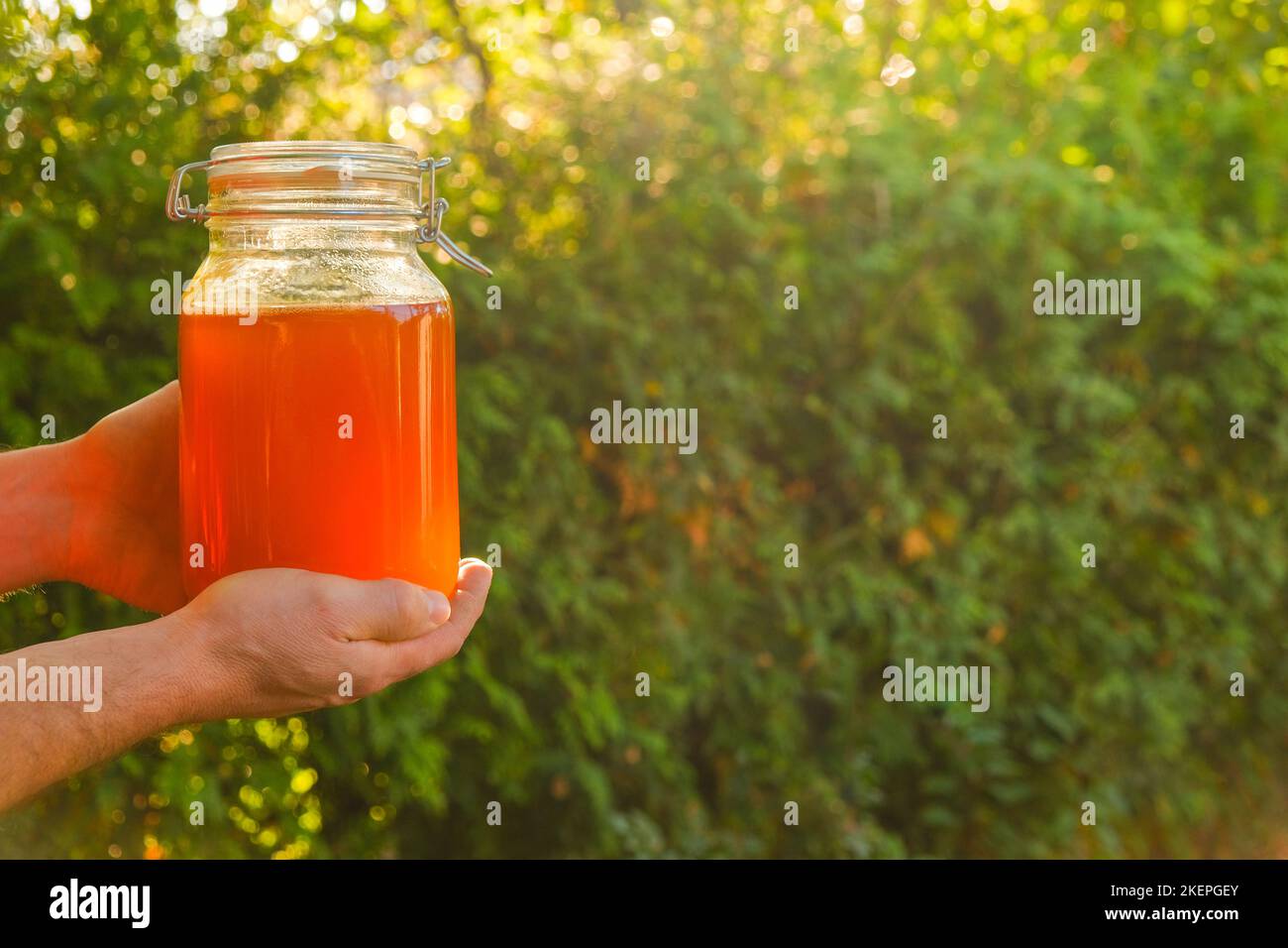 Miele in un vetro trasparente jar.prodotti naturali di apicoltura. Miele sano naturale di sweetness.Organic g. Foto Stock