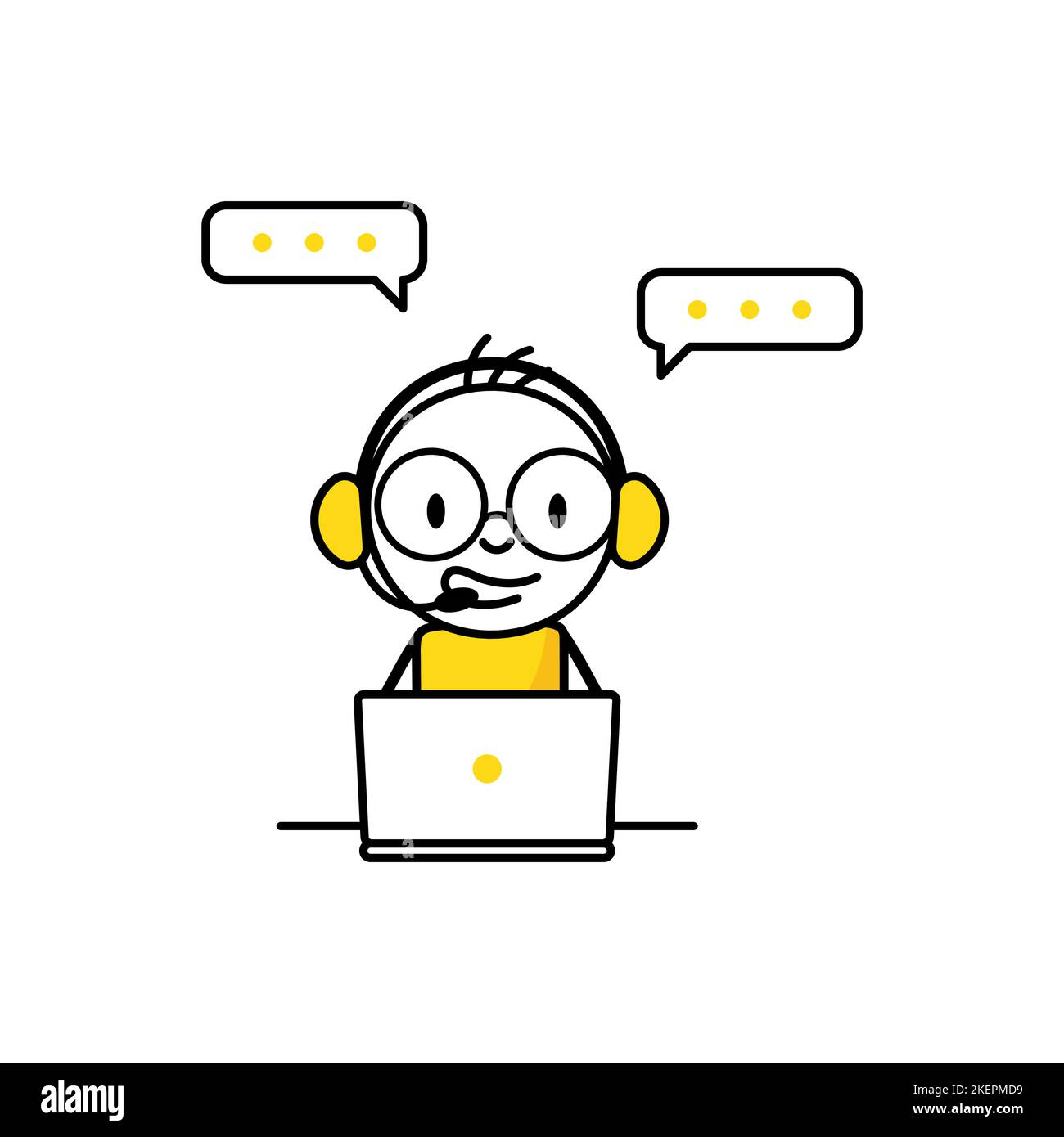 Uomo con cuffie e microfono con computer portatile. Operatore con chiamata telefonica o chat per assistere il cliente. Call center, concetto di assistenza clienti online. VEC Illustrazione Vettoriale