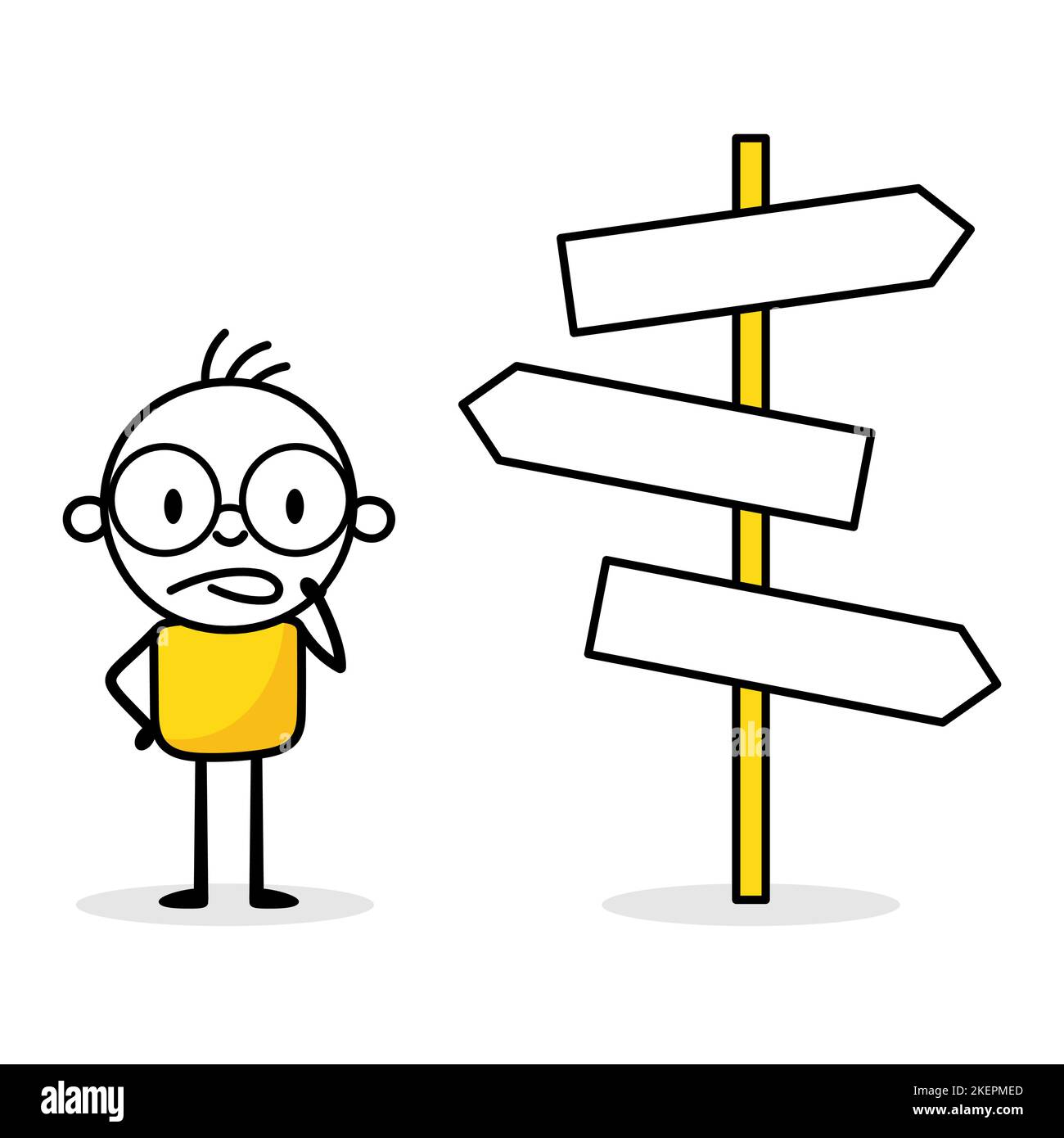 Uomo che guarda più segnali stradali e che prende la decisione dove andare avanti. Prendere decisioni aziendali, decidere il modo giusto per raggiungere il successo o scegliere le opzioni, Illustrazione Vettoriale