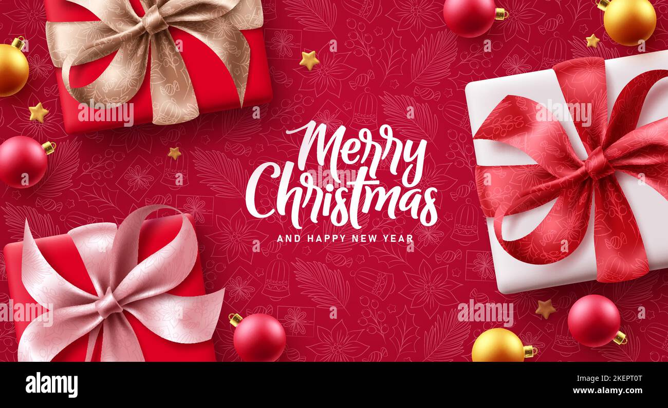 Allegro natale regali vettore sfondo design. Natale e felice anno nuovo testo in rosso con motivi regalo elementi per le vacanze stagionali Illustrazione Vettoriale