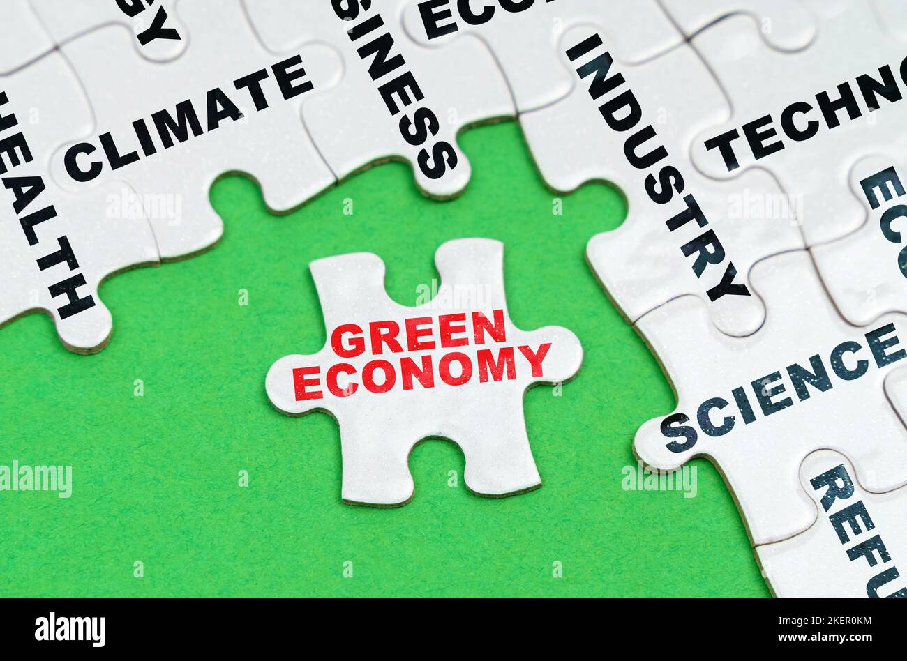 Concetto ambientale. Su uno sfondo verde, puzzle bianchi con testo, un puzzle con l'iscrizione - Green economy Foto Stock