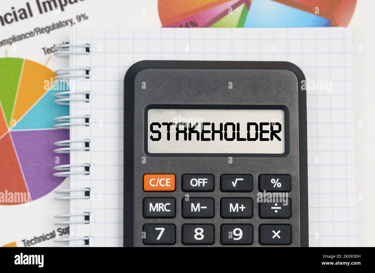 Business e concetto di economia. Sulla tabella sono riportati i grafici, un notebook e una calcolatrice con l'iscrizione Stakeholder Foto Stock