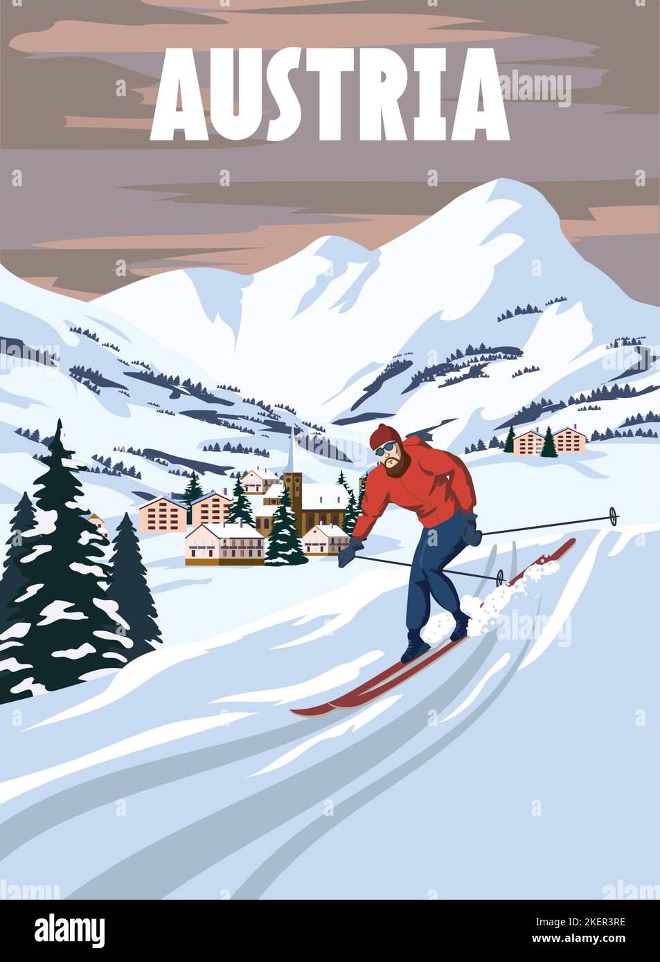 Austria Resort poster, retro. Tessera di viaggio invernale per le Alpi Illustrazione Vettoriale
