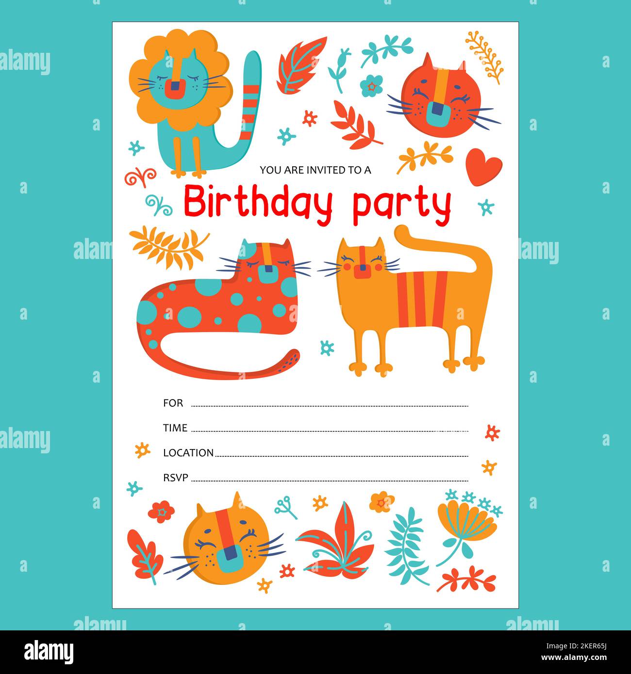 KITTEN INVITA al compleanno vari animali felini sorridenti personaggi di acquerello Cartoon disegno a mano in disegno piano e banner di testo con la data e. Illustrazione Vettoriale