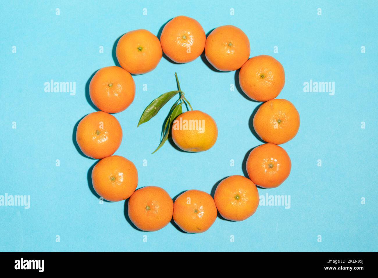 Tangerini succosi e naturali che formano un cerchio con uno al centro Foto Stock