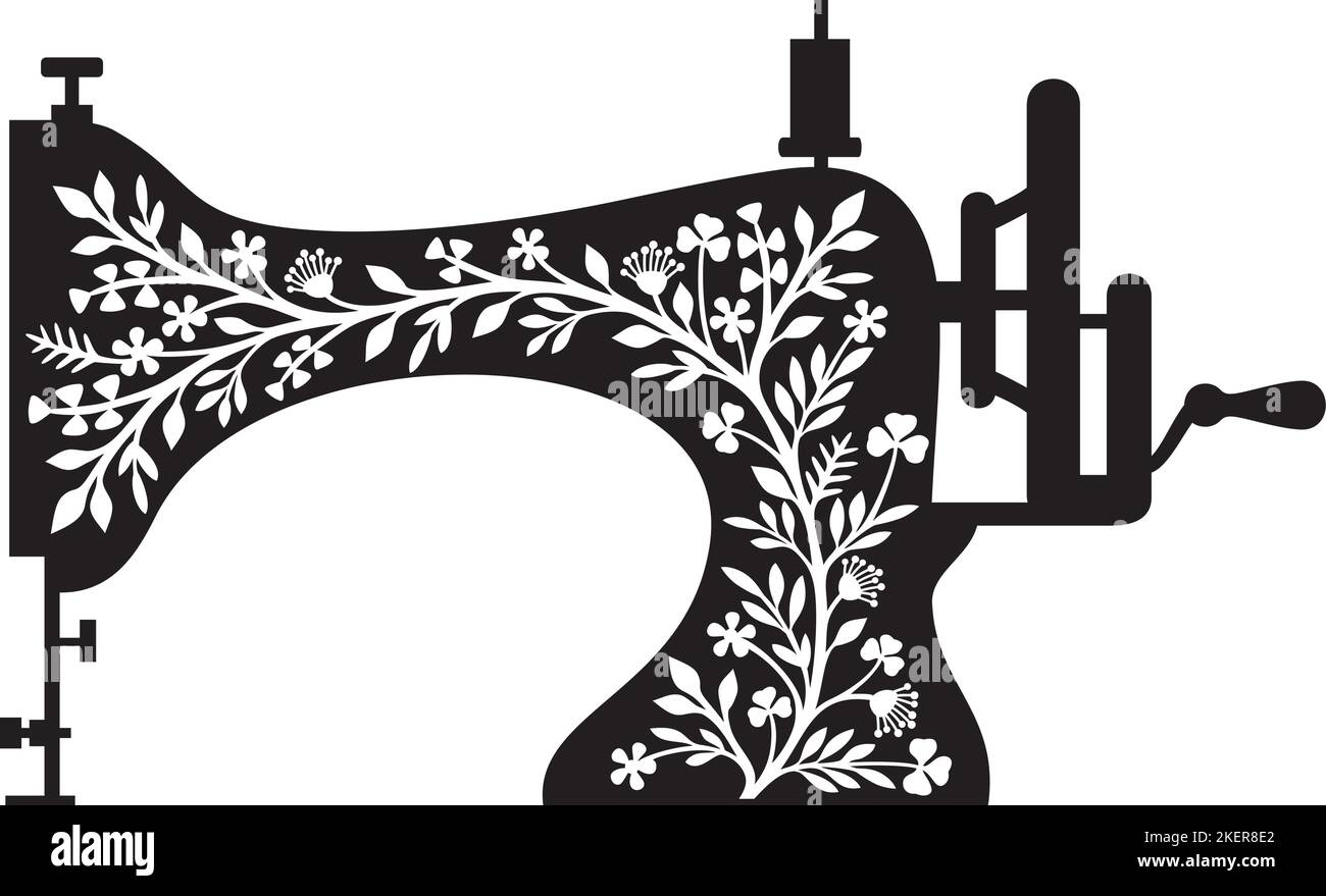 Macchina da cucire floreale (design vintage) in bianco e nero. Illustrazione vettoriale. Illustrazione Vettoriale