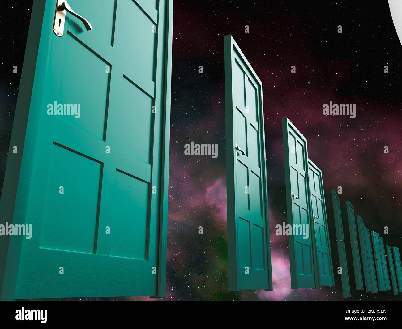 Una linea di porte verdi che galleggiano su uno sfondo di spazio di nebulosa galassia - 3D render Foto Stock