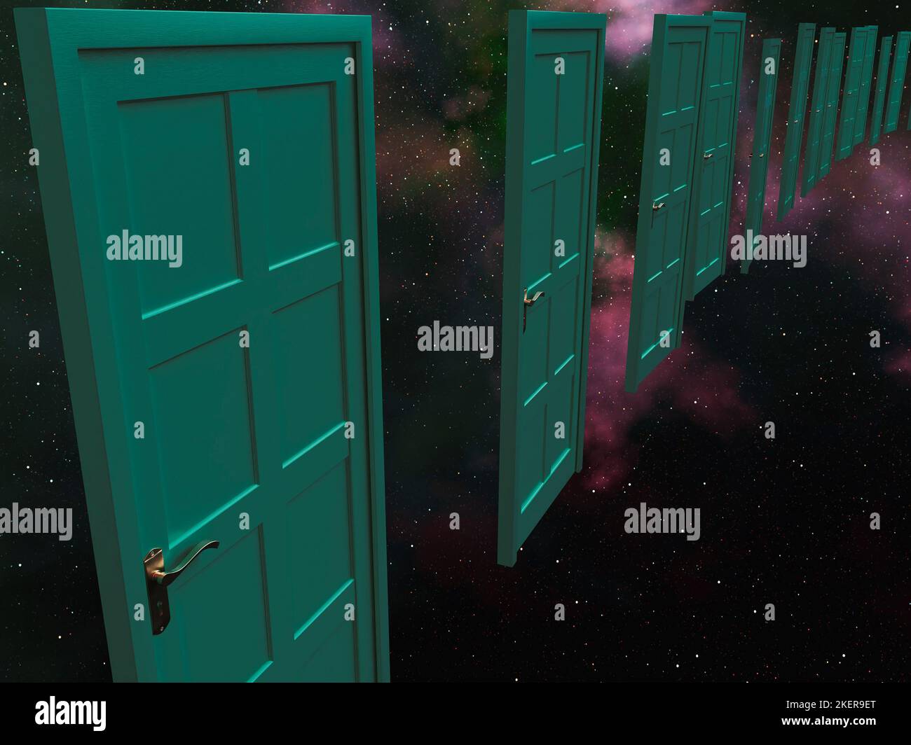 Una linea di porte verdi che galleggiano su uno sfondo di spazio di nebulosa galassia - 3D render Foto Stock