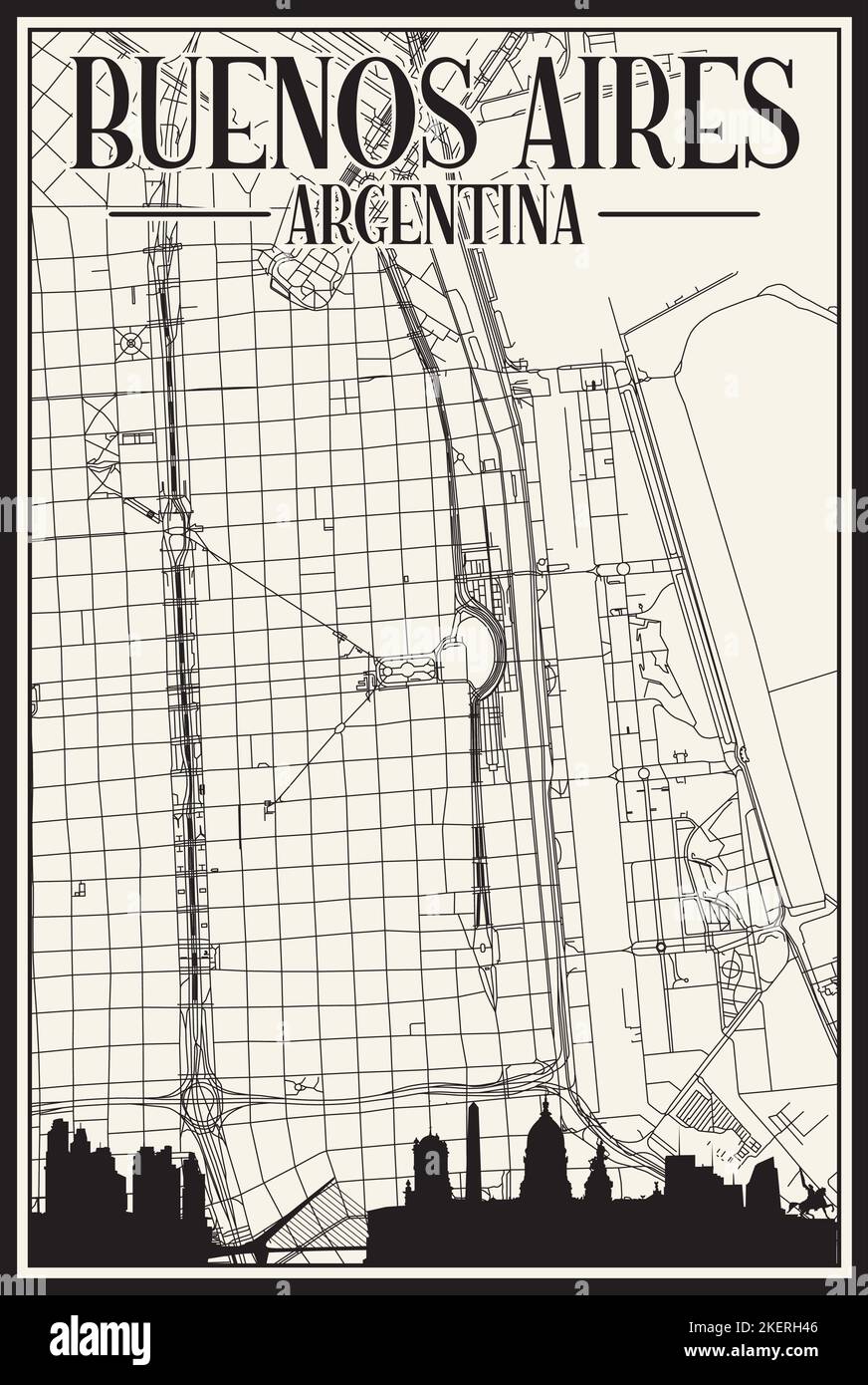 Carta bianca vintage stampata a mano strade rete del centro DI BUENOS AIRES, ARGENTINA con evidenziato skyline della città e scritte Illustrazione Vettoriale