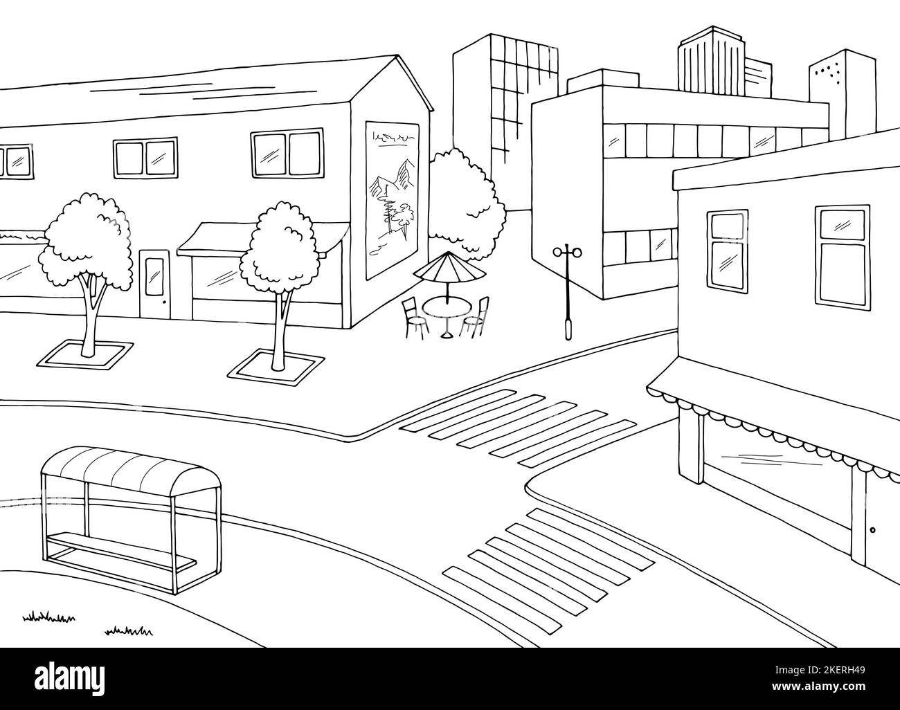 Città strada grafica nero bianco città paesaggio schizzo illustrazione vettore Illustrazione Vettoriale