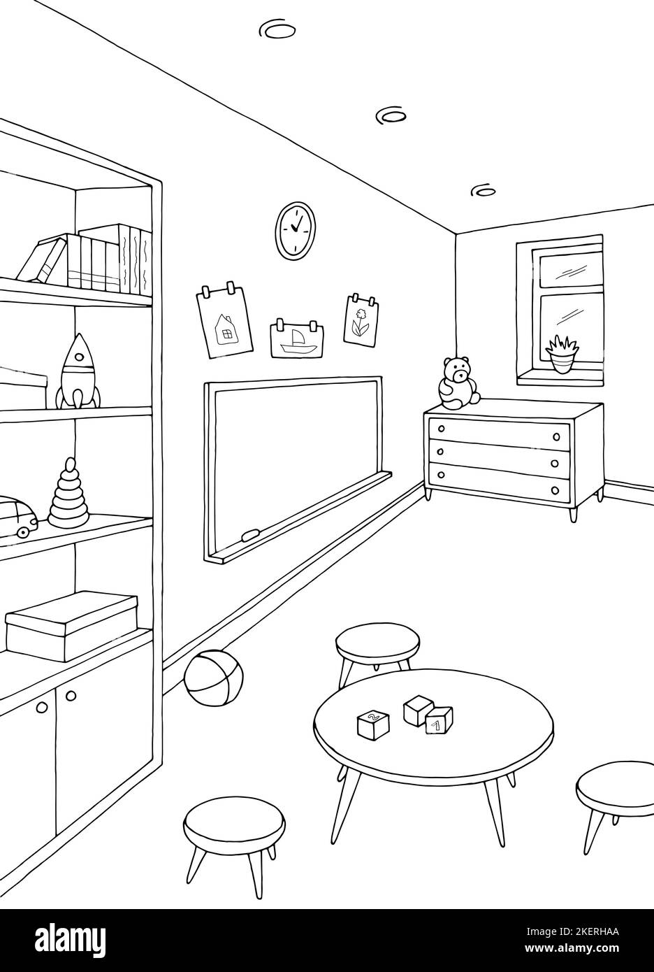 Scuola materna scuola prescolare classe grafica nero bianco interno verticale schizzo vettore di illustrazione Illustrazione Vettoriale