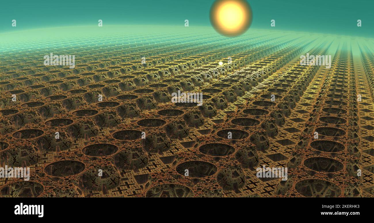 la superficie di un pianeta alieno sotto un sole alieno 3d rendering Foto Stock