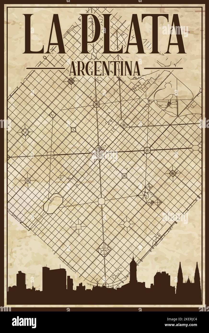Marrone vintage stampato a mano strade rete mappa del centro DI LA PLATA, ARGENTINA con evidenziato skyline della città e scritte Illustrazione Vettoriale