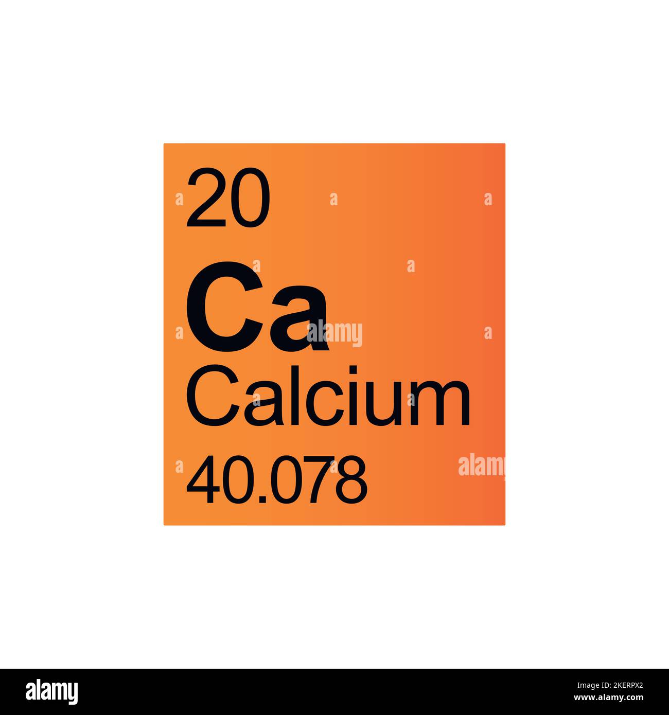 Calcio elemento chimico di Mendeleev Tavola periodica su sfondo arancione. Illustrazione vettoriale a colori: Mostra il numero, il simbolo, il nome e il peso atomico Illustrazione Vettoriale