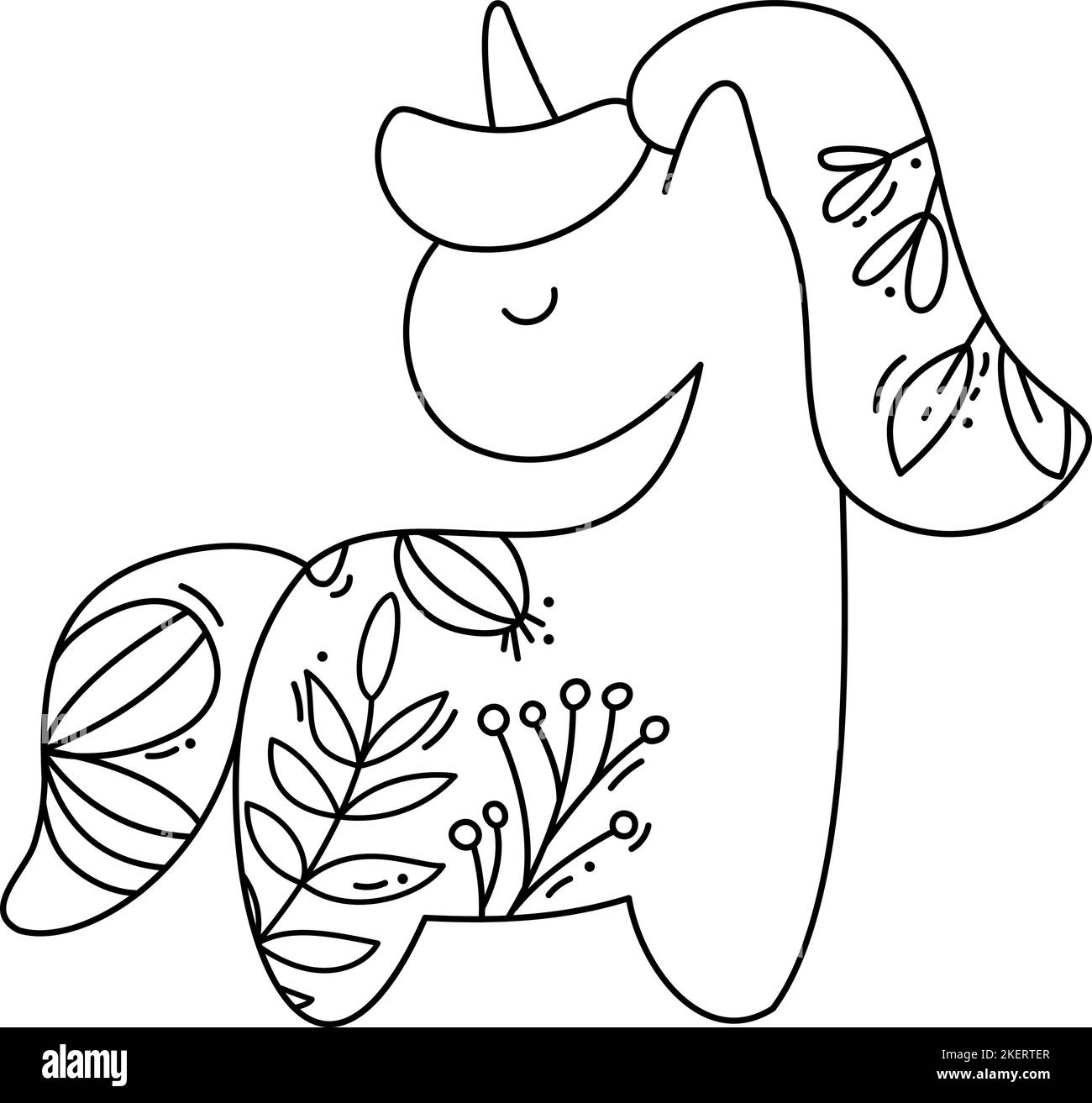 Simpatico unicorno semplice bambino cartone animato vettore colorazione libro illustrazione. Semplice linea piatta Doodle icona stile moderno elemento di design isolato su bianco Illustrazione Vettoriale