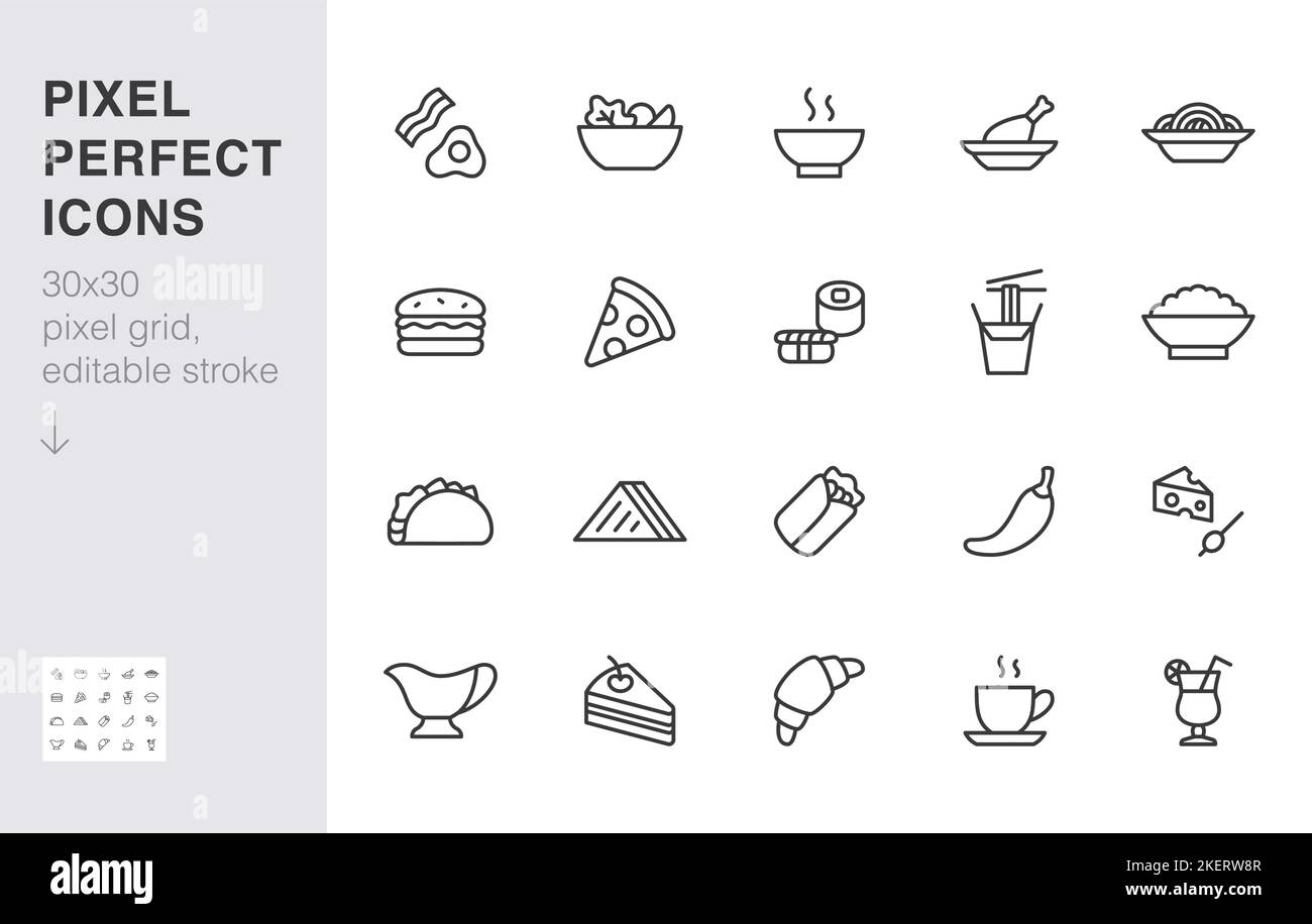 Icona della linea del menu del ristorante impostata. Sandwich, shawarma, zuppa, insalata, pasta, tacos, pizza, uova e pancetta illustrazione vettoriale minima. Semplice simbolo di contorno Illustrazione Vettoriale
