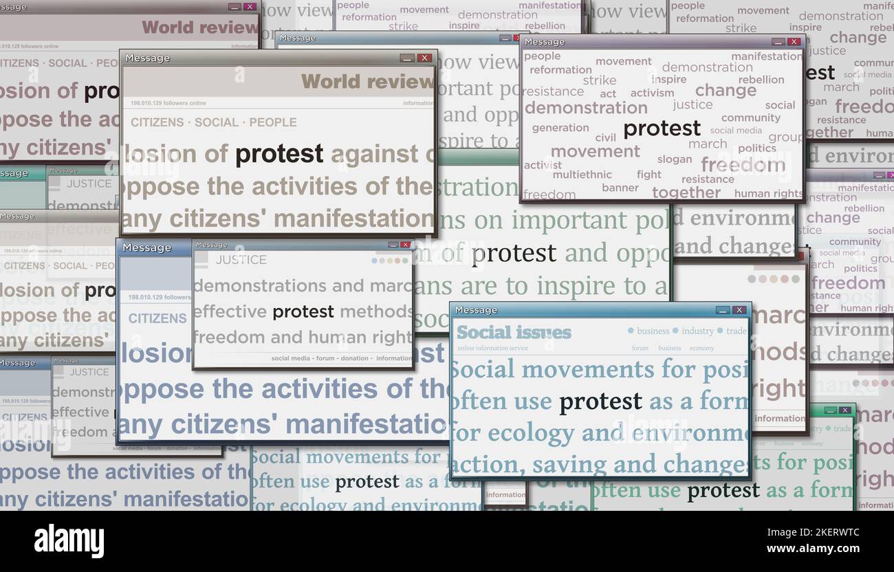 Notizie principali attraverso i media internazionali con protesta e movimento di resistenza sociale. Concetto astratto dei titoli di notizie sugli schermi di rumore. TV glitch eff Foto Stock