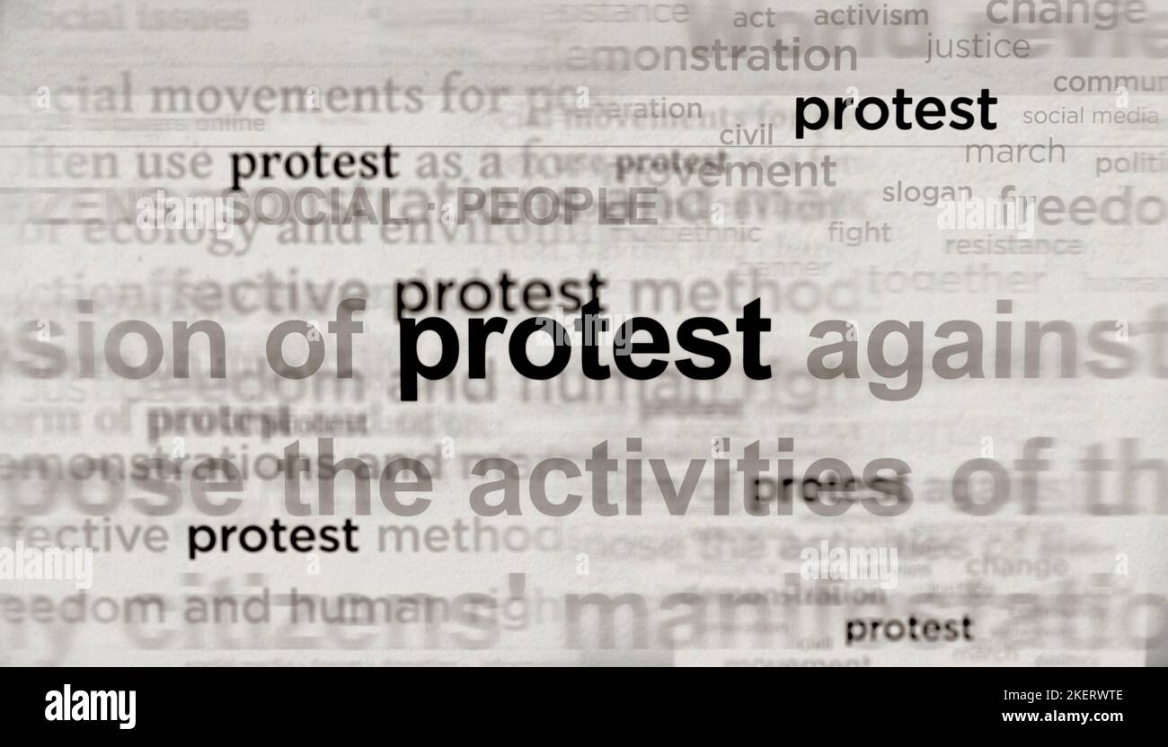 Notizie principali attraverso i media internazionali con protesta e movimento di resistenza sociale. Concetto astratto dei titoli di notizie sugli schermi di rumore. TV glitch eff Foto Stock