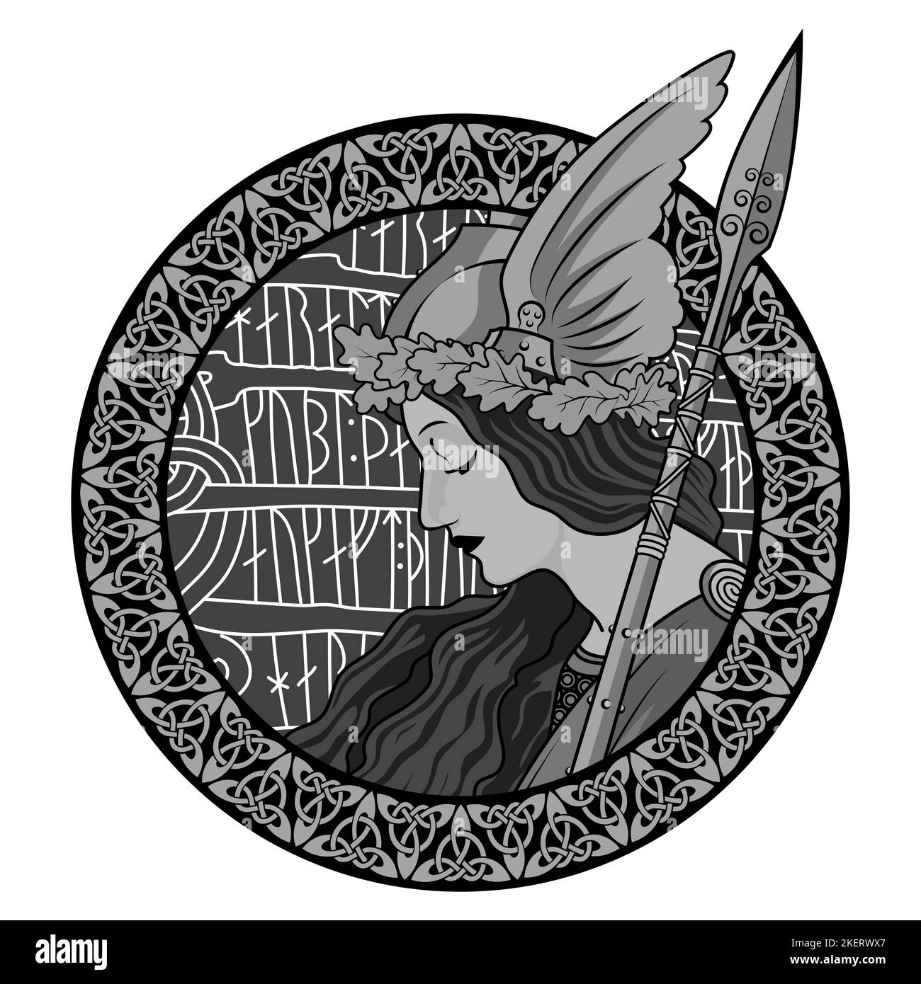 Valkyrie, illustrazione della mitologia scandinava, disegnata in stile Art Nouveau Illustrazione Vettoriale