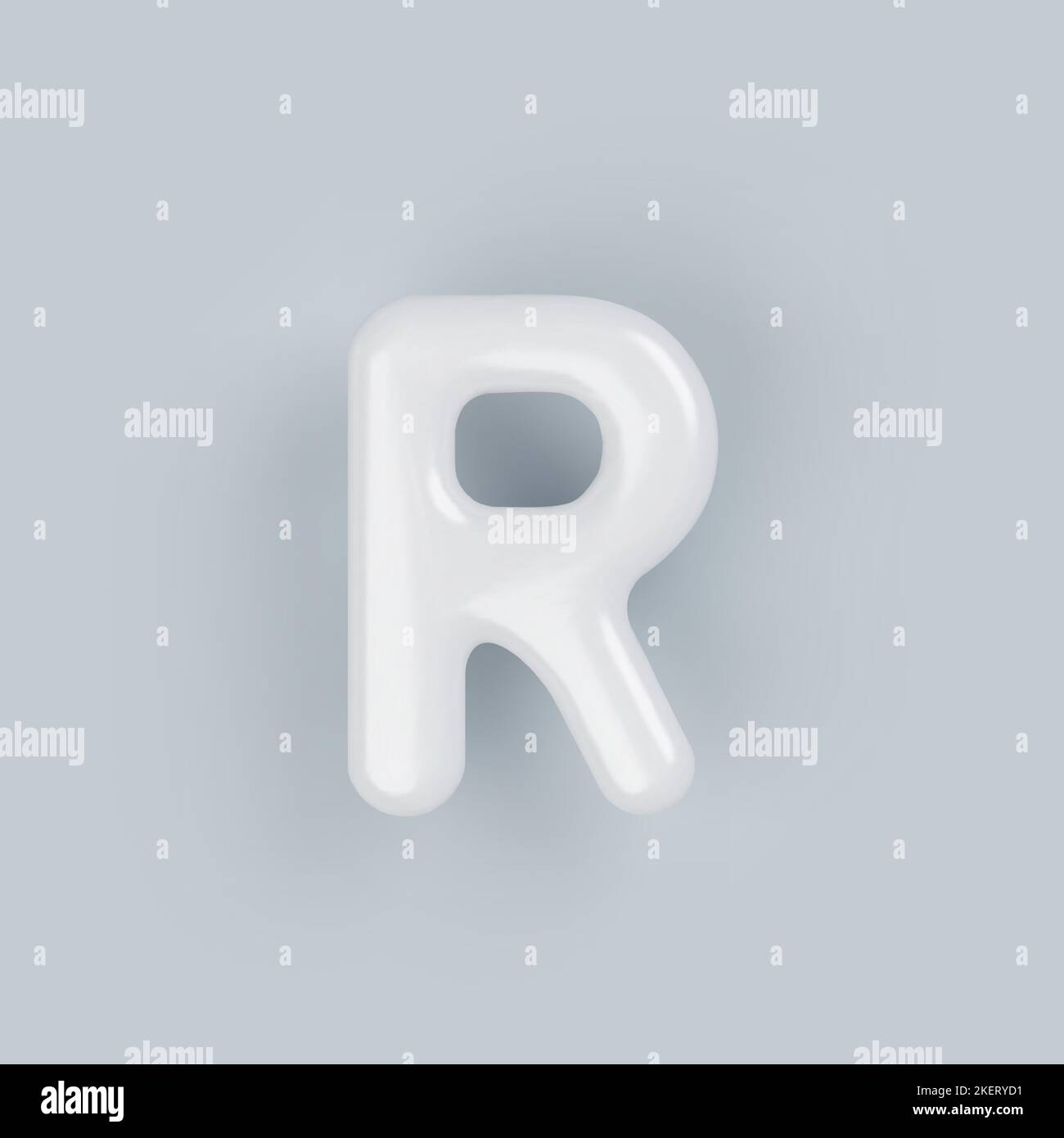 3D lettera R maiuscola bianca in plastica con superficie lucida su sfondo grigio. Illustrazione Vettoriale