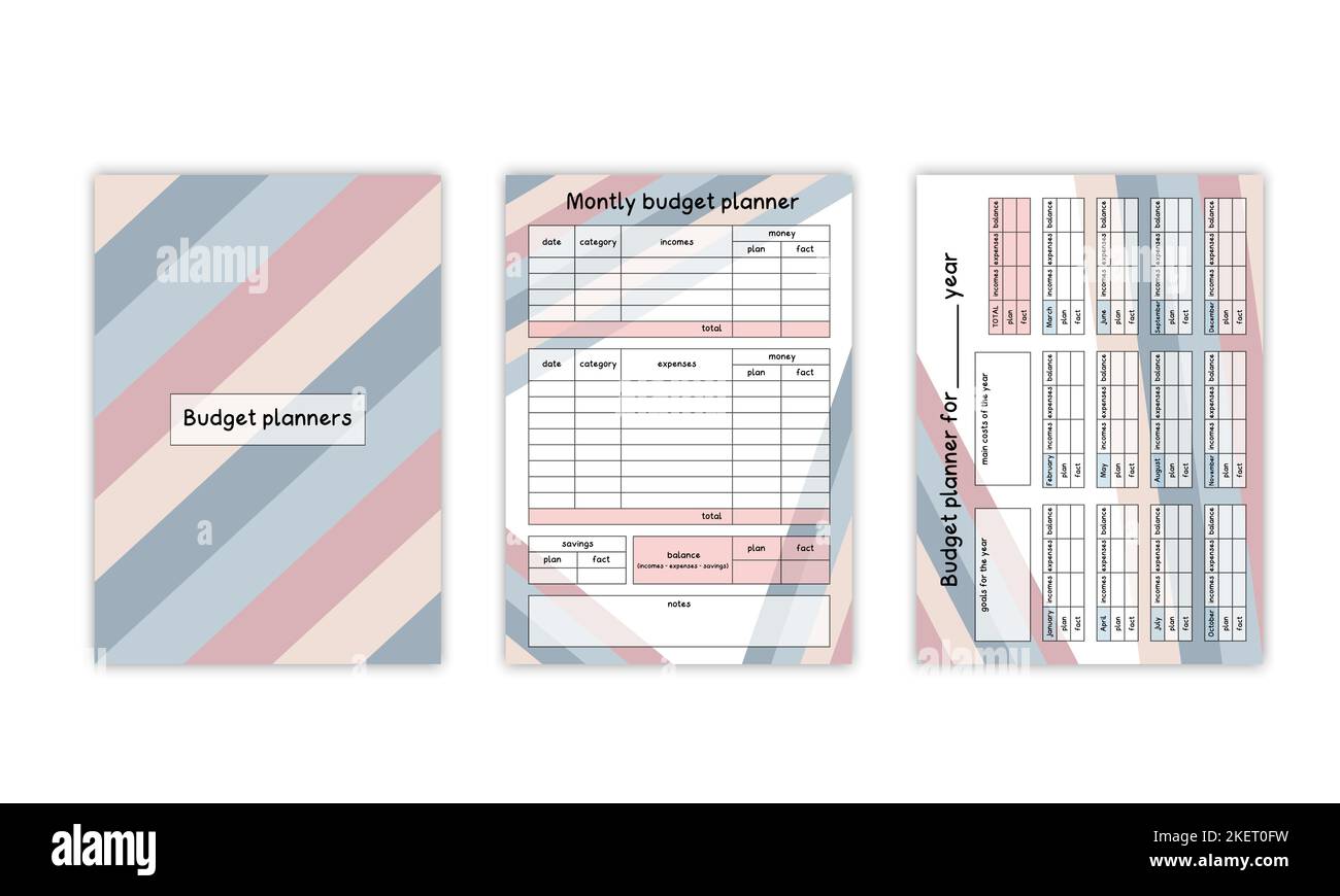 Libro di pianificatore di bilancio. Set di modelli vettoriali con piano finanziario di redditi, spese e risparmi. Denaro che rappresenta la famiglia o l'azienda. Fla vettore Illustrazione Vettoriale