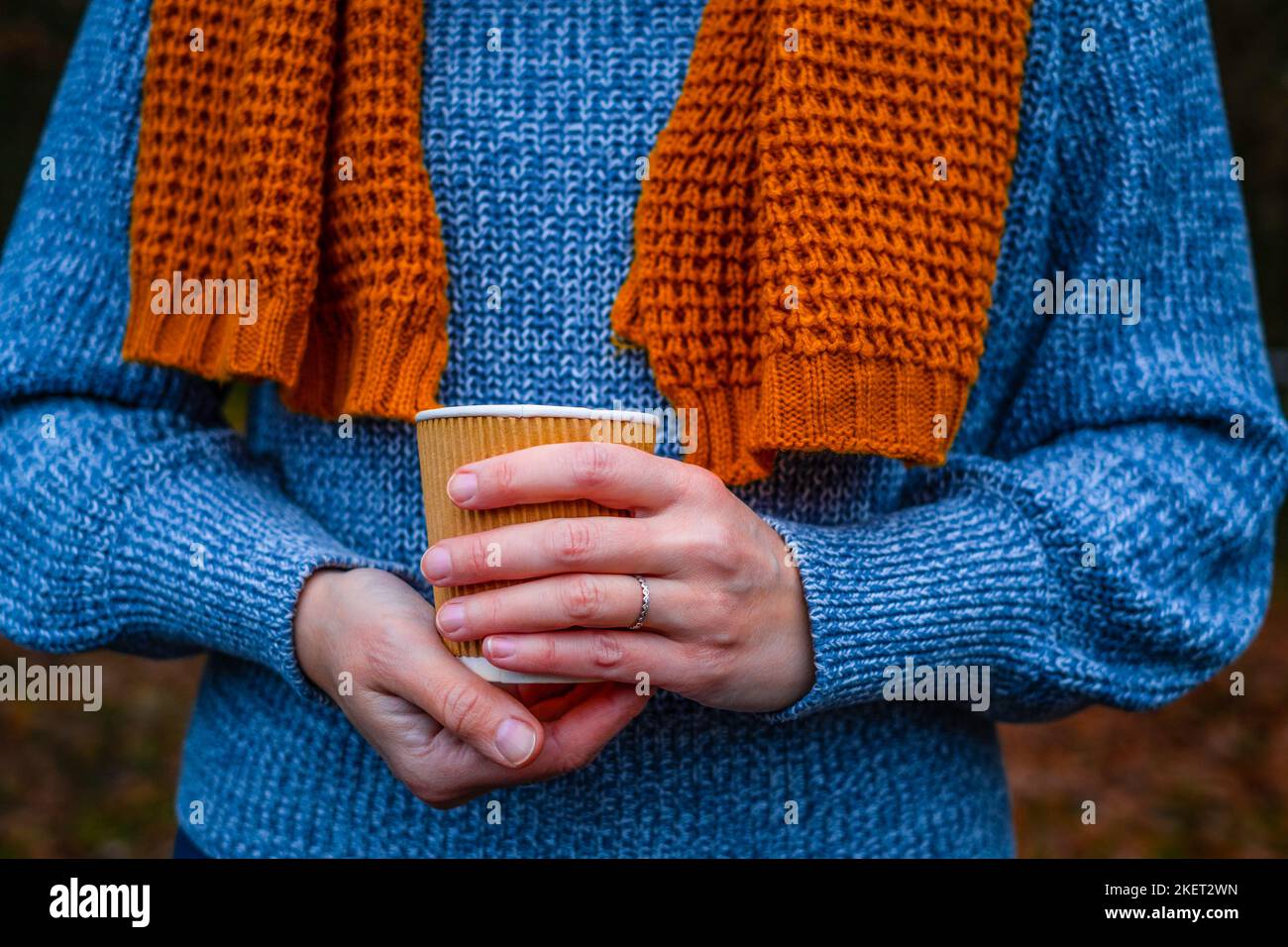 Bevanda calda in una tazza di carta nelle mani di una donna sullo sfondo della foresta. Tazza da tè/caffè in carta kraft marrone. Il concetto di utilizzo della carta cu Foto Stock