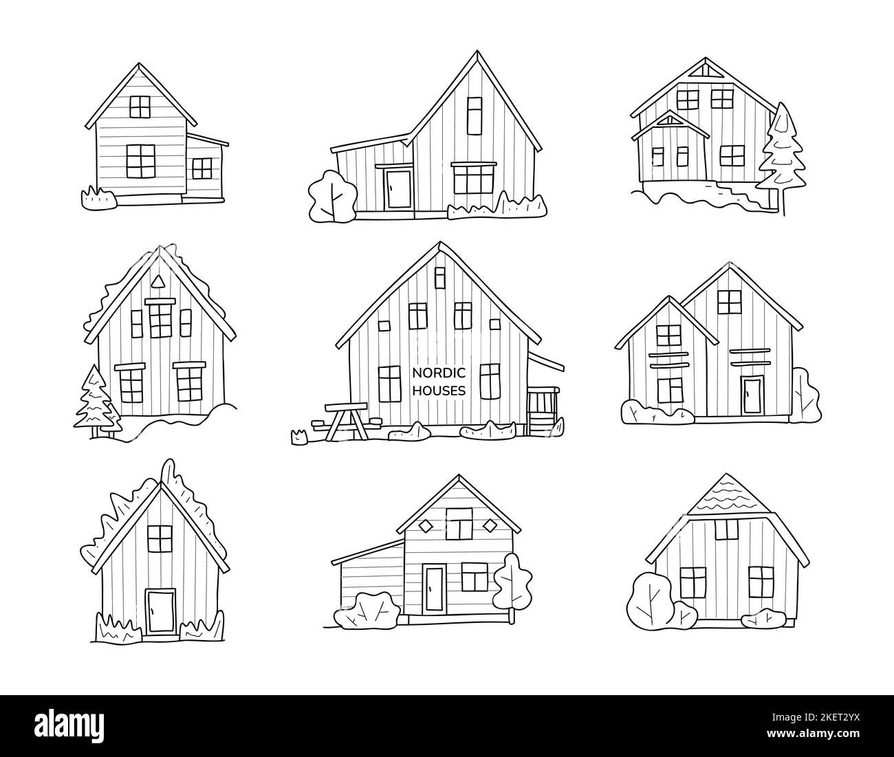 Scandinavian carino case doodle set. Facciate casa nordica. Disegno a mano di edifici tipici norvegesi. Tipiche facciate settentrionali in pannelli sandwich. Illustrazione vettoriale per il paesaggio urbano della scheda Illustrazione Vettoriale