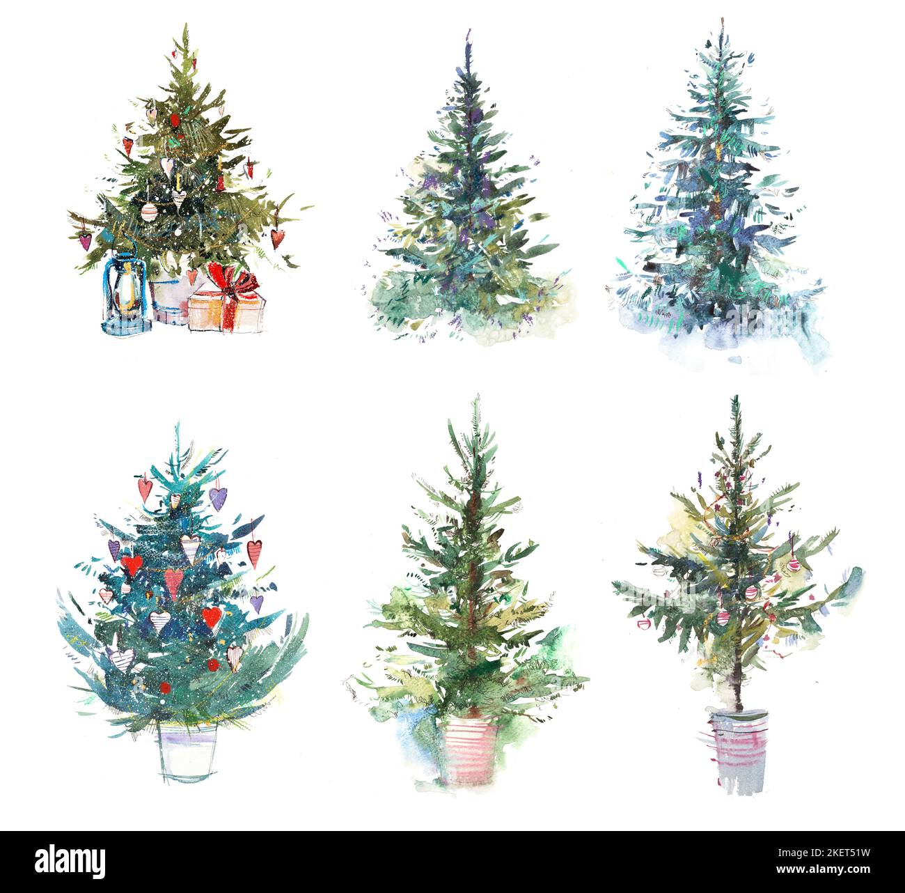Albero di natale decorato Capodanno acquerello illustrazione acqua colore disegno. Foto Stock