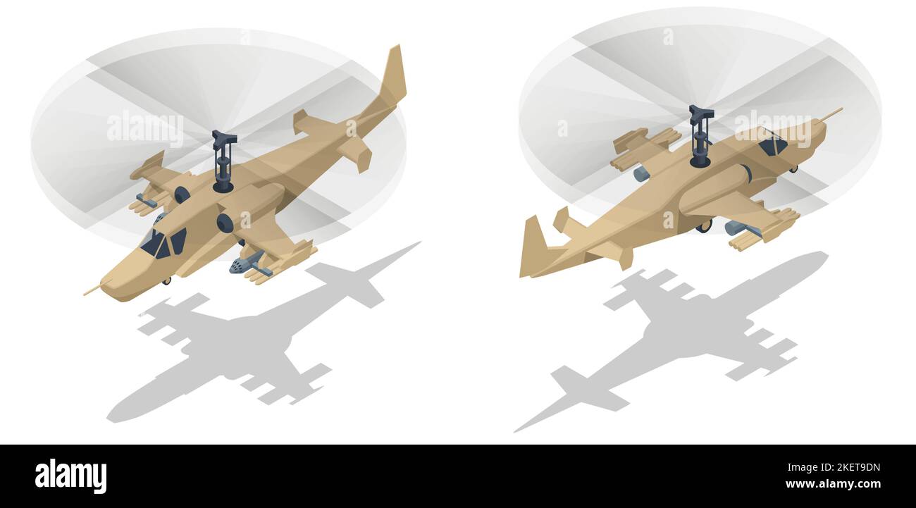 Elicottero d'attacco isometrico, elicottero scout Ka-50, ka-52 , Black Shark, Unione Sovietica o Russia elicottero scout fortemente armato. Aviazione militare Illustrazione Vettoriale