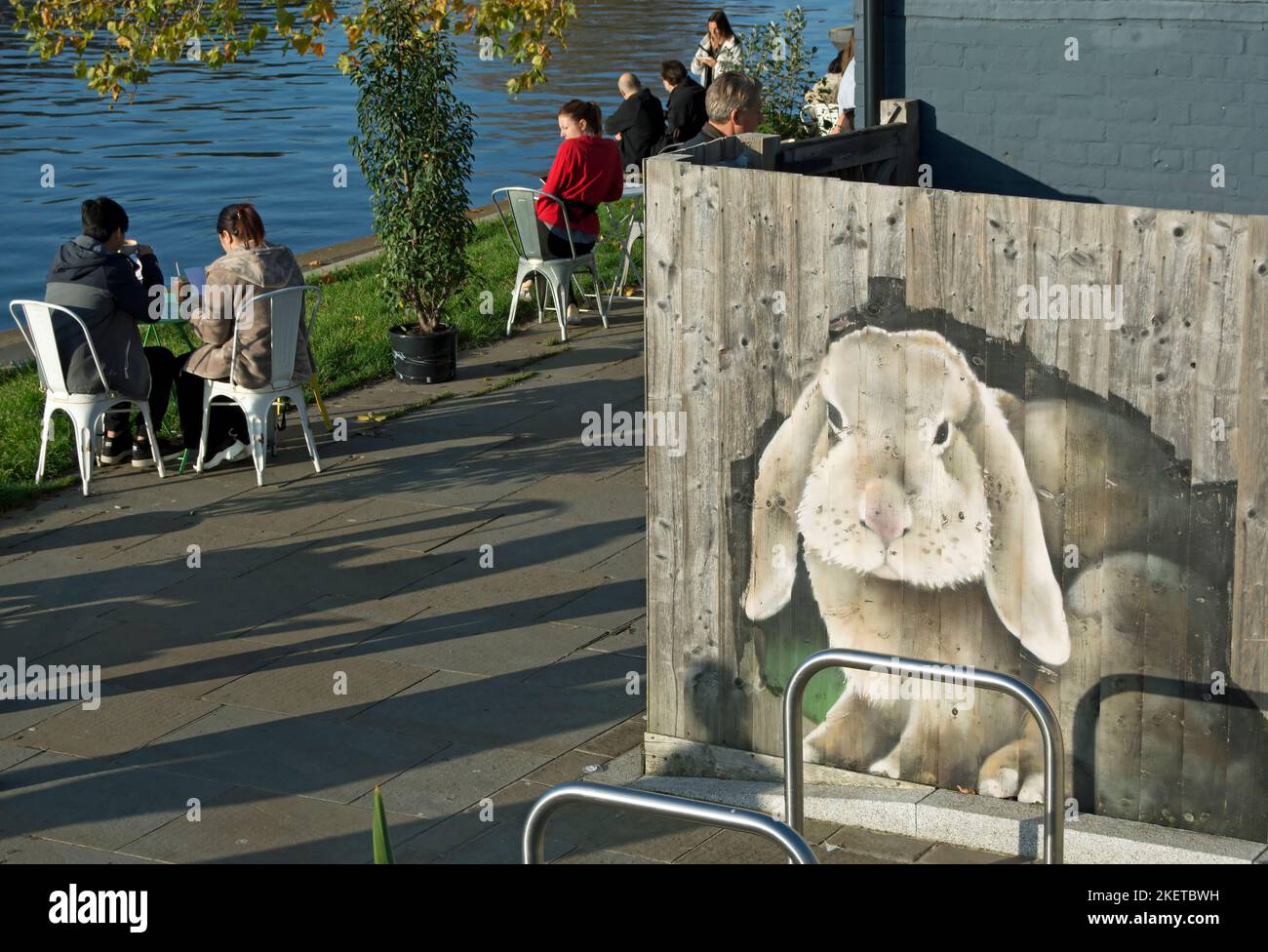 diners e passeggini in inverno accanto al tamigi a kingston, surrey, inghilterra in un bar con una grande immagine di un coniglio su una parete laterale Foto Stock