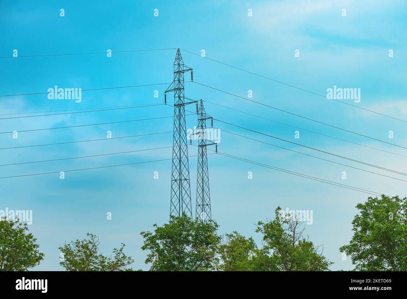 Tralicci ad alta elettricità con cavi elettrici sopra le cime verdi in campagna Foto Stock