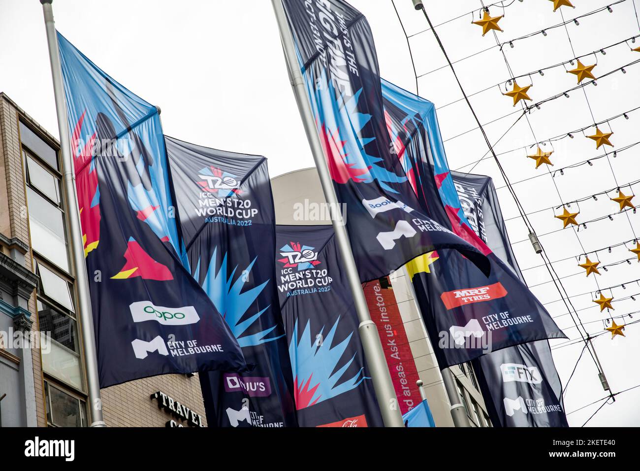 International Cricket Mens T20 World Cup , banner volanti a Melbourne Victoria, Australia Foto Stock