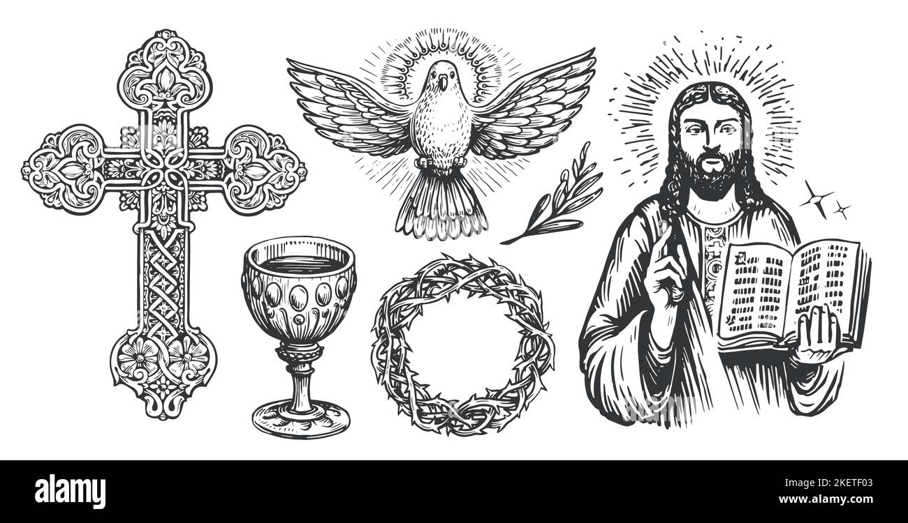 La fede nel disegno di concetto di Dio. Culto, chiesa, simboli religiosi in stile d'incisione vintage. Illustrazione vettoriale Illustrazione Vettoriale