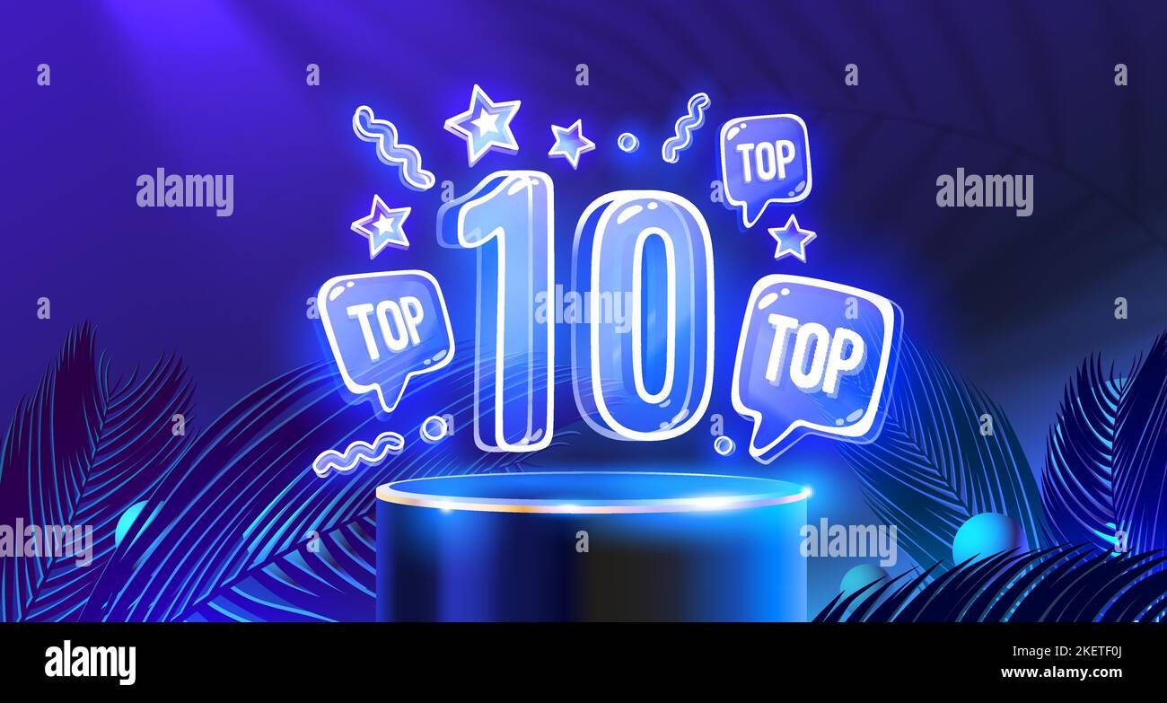 Top 10 neon podio, premio migliore banner. Illustrazione vettoriale Illustrazione Vettoriale