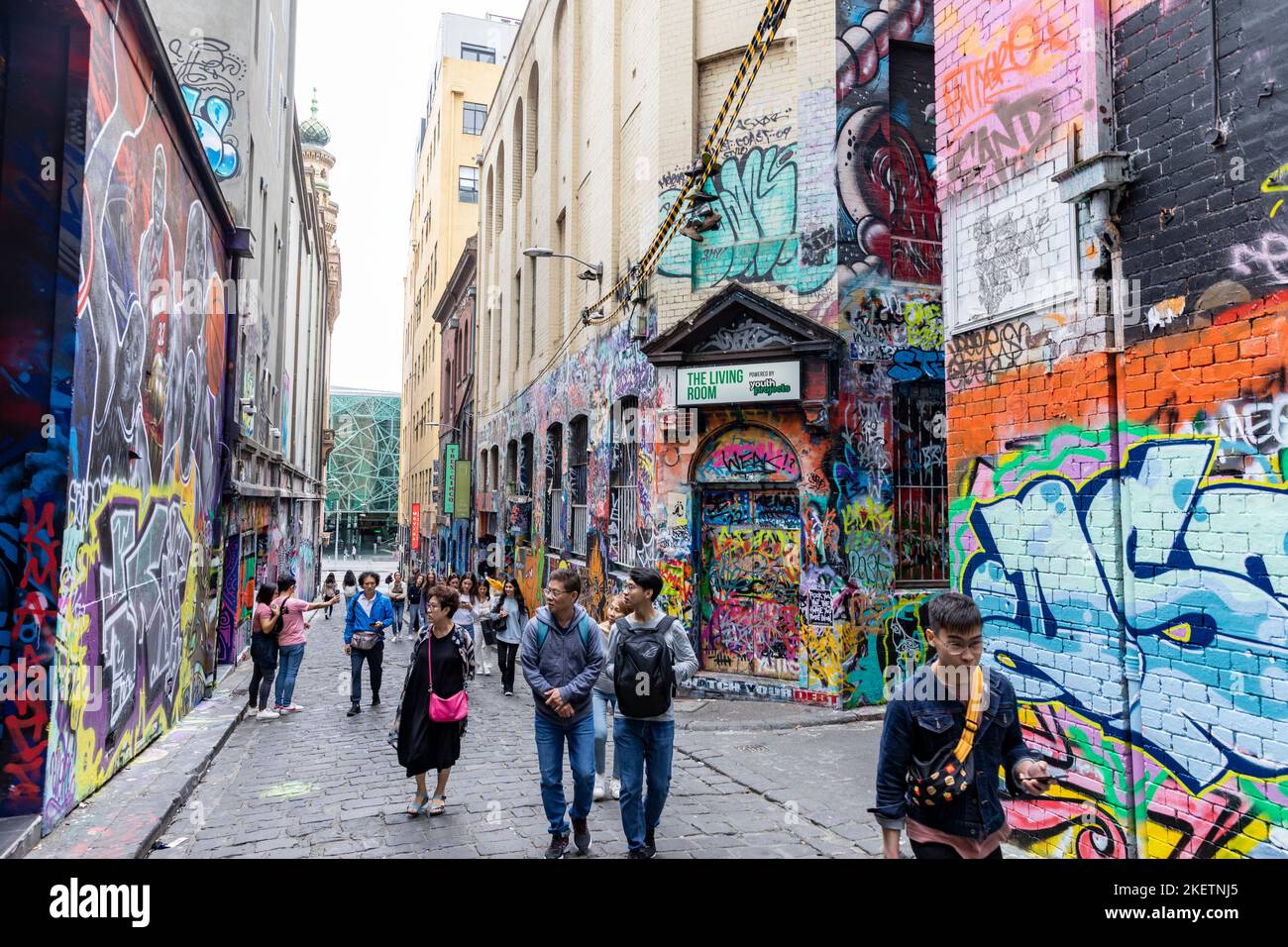 Hosier Lane, centro di Melbourne, Victoria, Street art e opere d'arte a Hosier Lane, una delle più famose viuzze di Melbourne, Vic, Australia Foto Stock
