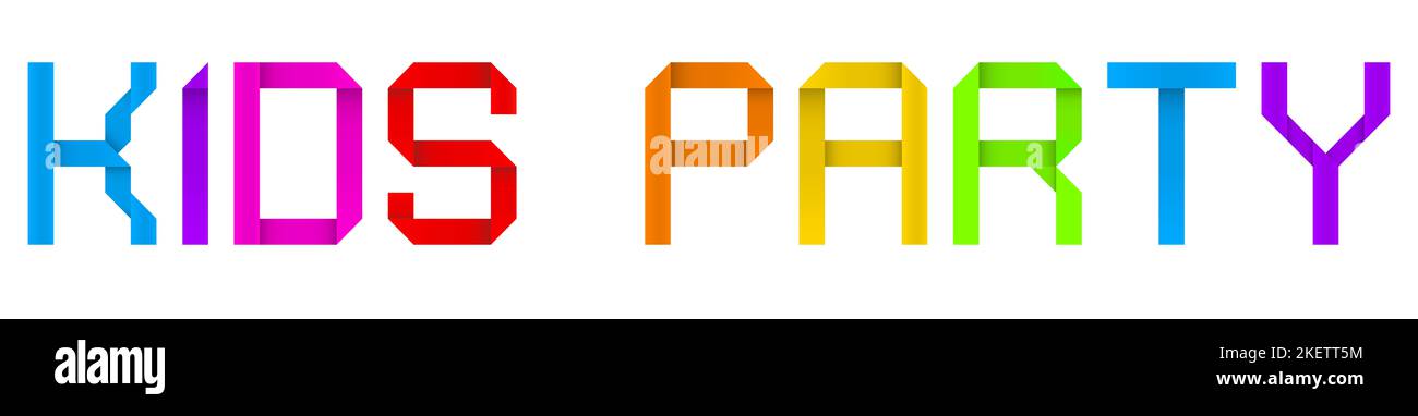 Concetto o concettuale carta origami font che formano il testo PARTITO BAMBINI isolato su sfondo bianco. 3d illustrazione come metafora per l'intrattenimento Foto Stock