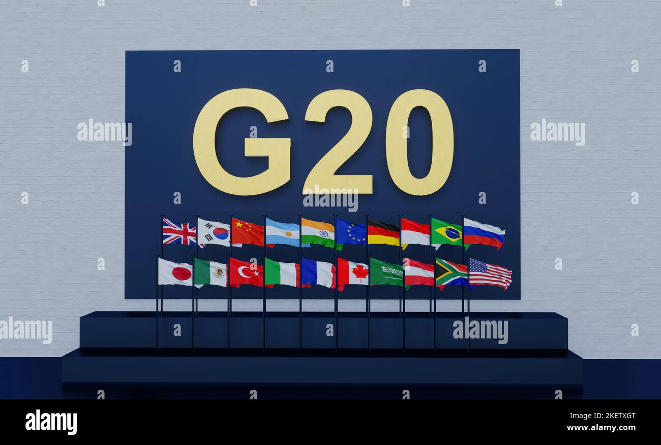 Appartenenza a Flags G20 , concetto del vertice o della riunione del G20, G20 paesi, Gruppo di venti membri, 3D illustrazione e 3D lavoro Foto Stock