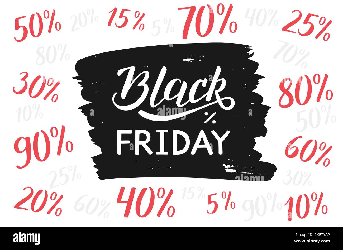 Black Friday scritta a mano moderna calligrafia a pennello. I numeri e le percentuali sono disegnati a mano. Concetto di logo vettoriale di vendita. Design nero e rosso. Illustrazione Vettoriale