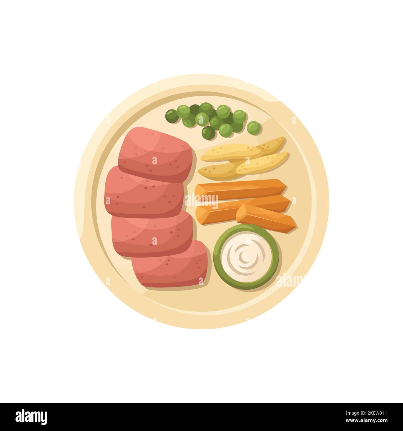 Illustrazione vettoriale di un piatto inglese - arrosto di manzo con verdure. Cucina per Capodanno e Natale. Stile piatto. Illustrazione Vettoriale