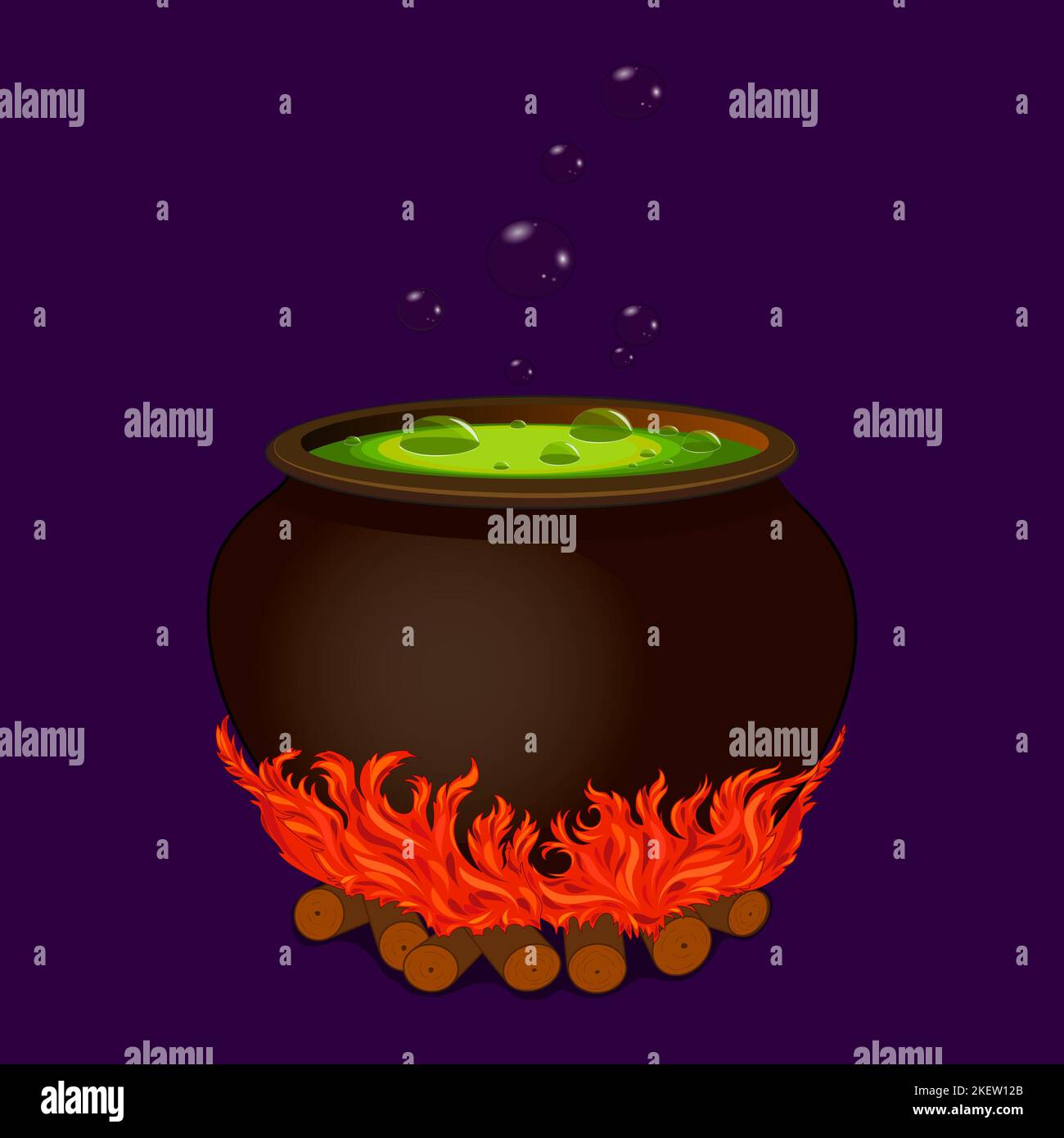 Cauldron di strega di cartone con veleno bollente e falò Foto Stock