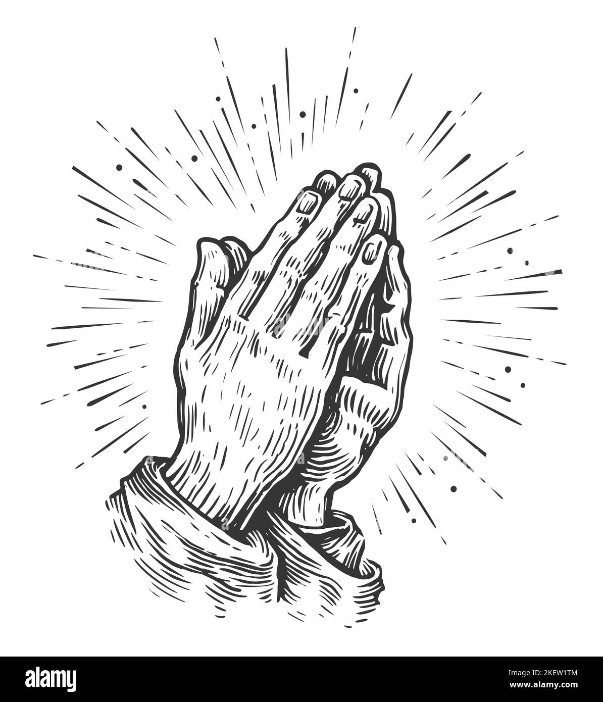 Mani preganti. Mani umane piegate in preghiera in stile d'incisione vintage. Simbolo di preghiera Foto Stock