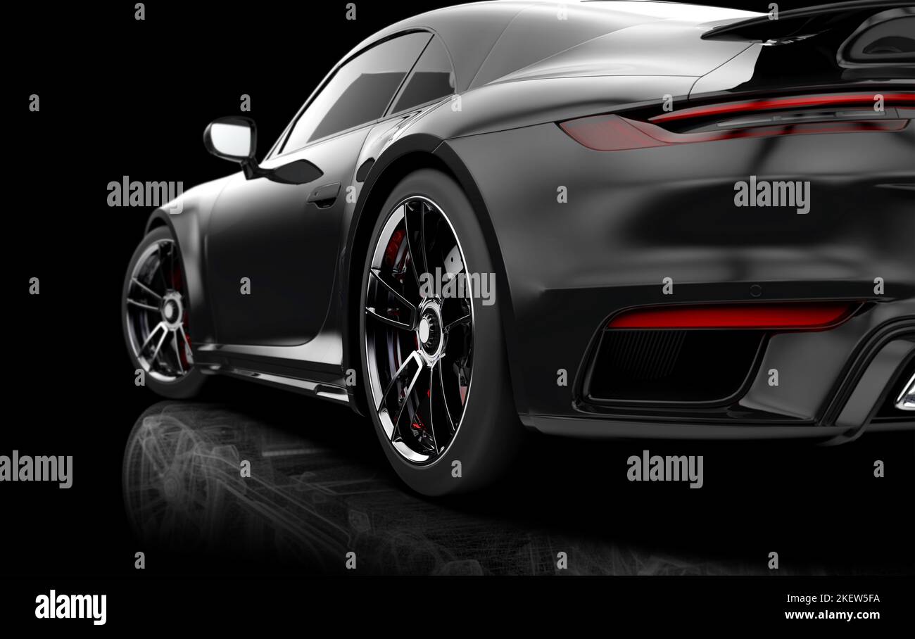 Auto sportiva nera generica senza marchio al buio: Illustrazione 3D Foto Stock