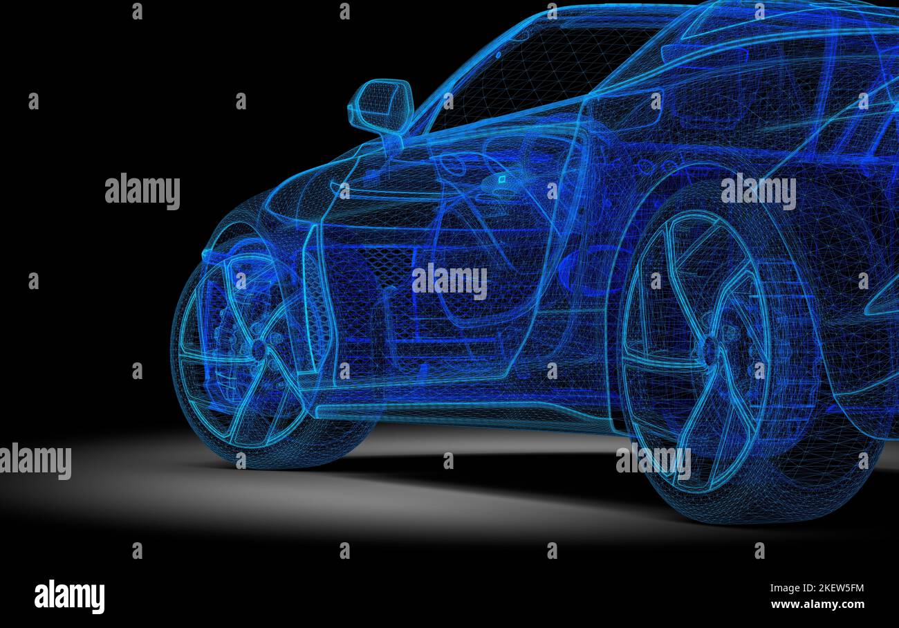 Blu generico senza marchio wireframe auto al buio: 3D illustrazione Foto Stock