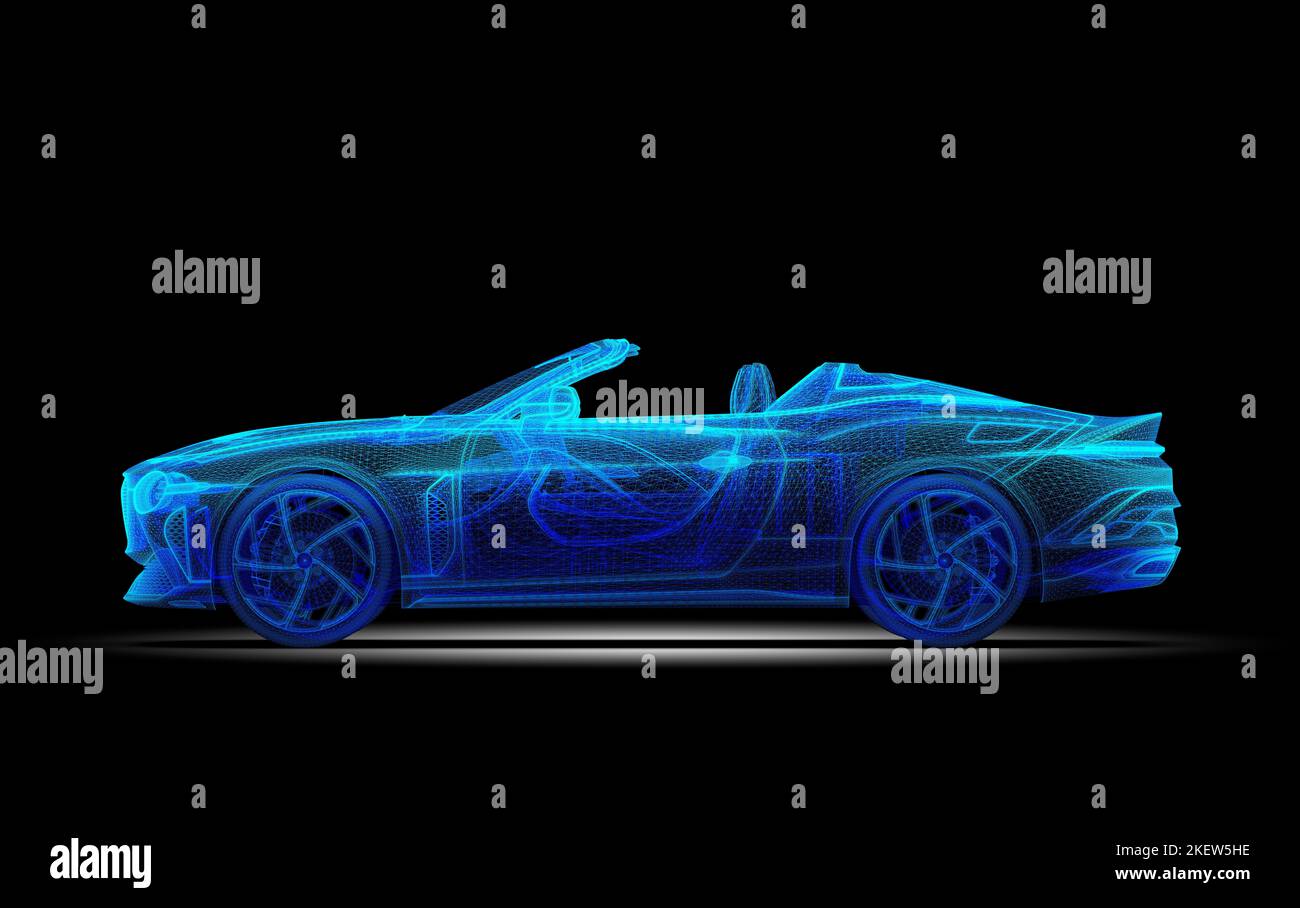 Blu generico wireframe wireframe auto sportiva al buio: 3D illustrazione Foto Stock