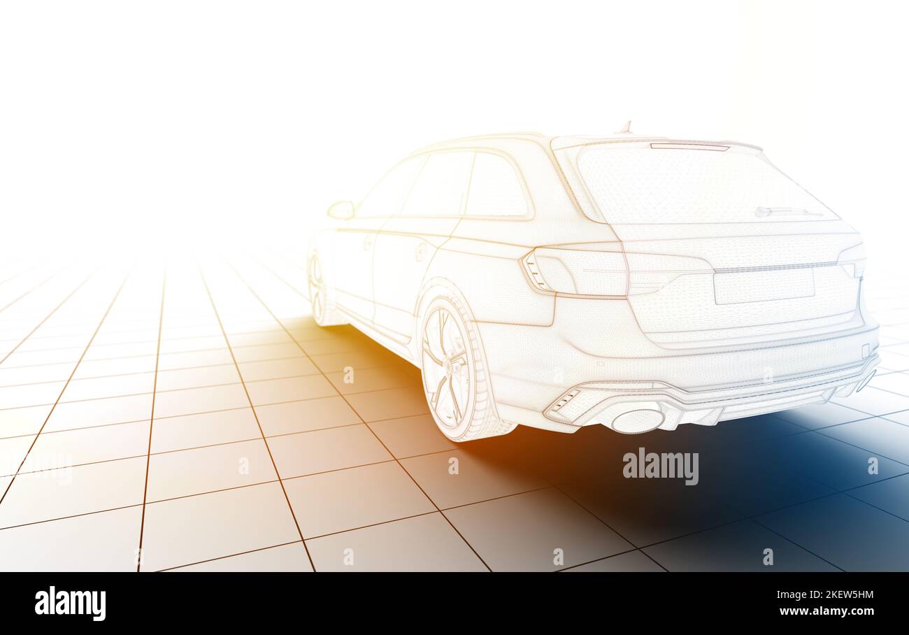 Generico senza marchio wireframe city car alla luce del sole: 3D illustrazione Foto Stock