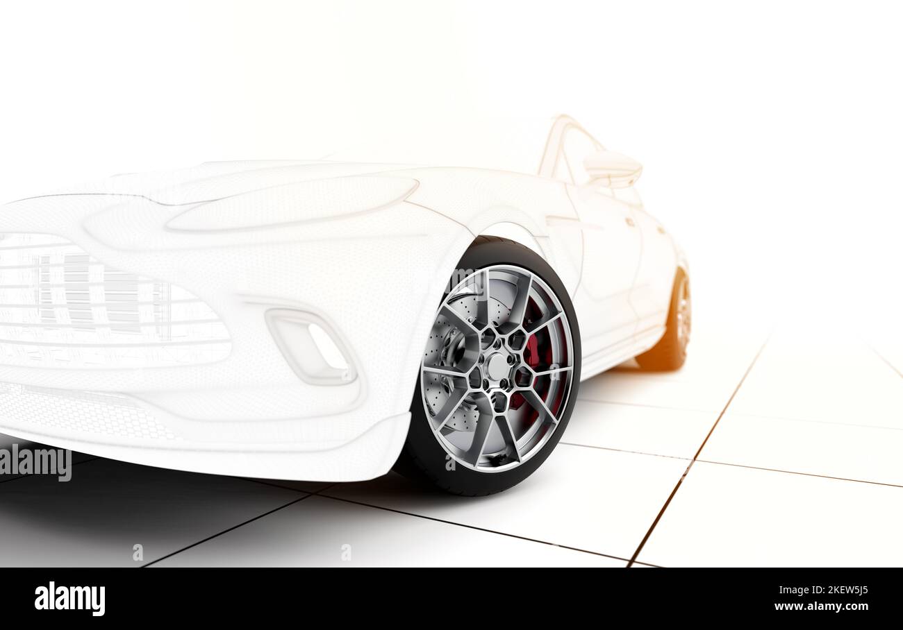 Generico unbranded wireframe auto sportiva con ruote reali alla luce del sole: 3D illustrazione Foto Stock